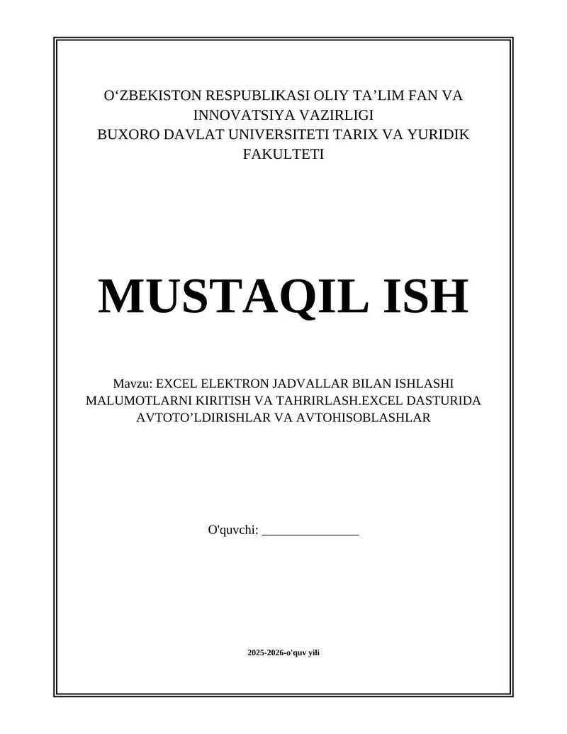 EXCEL ELEKTRON JADVALLAR BILAN ISHLASH 1