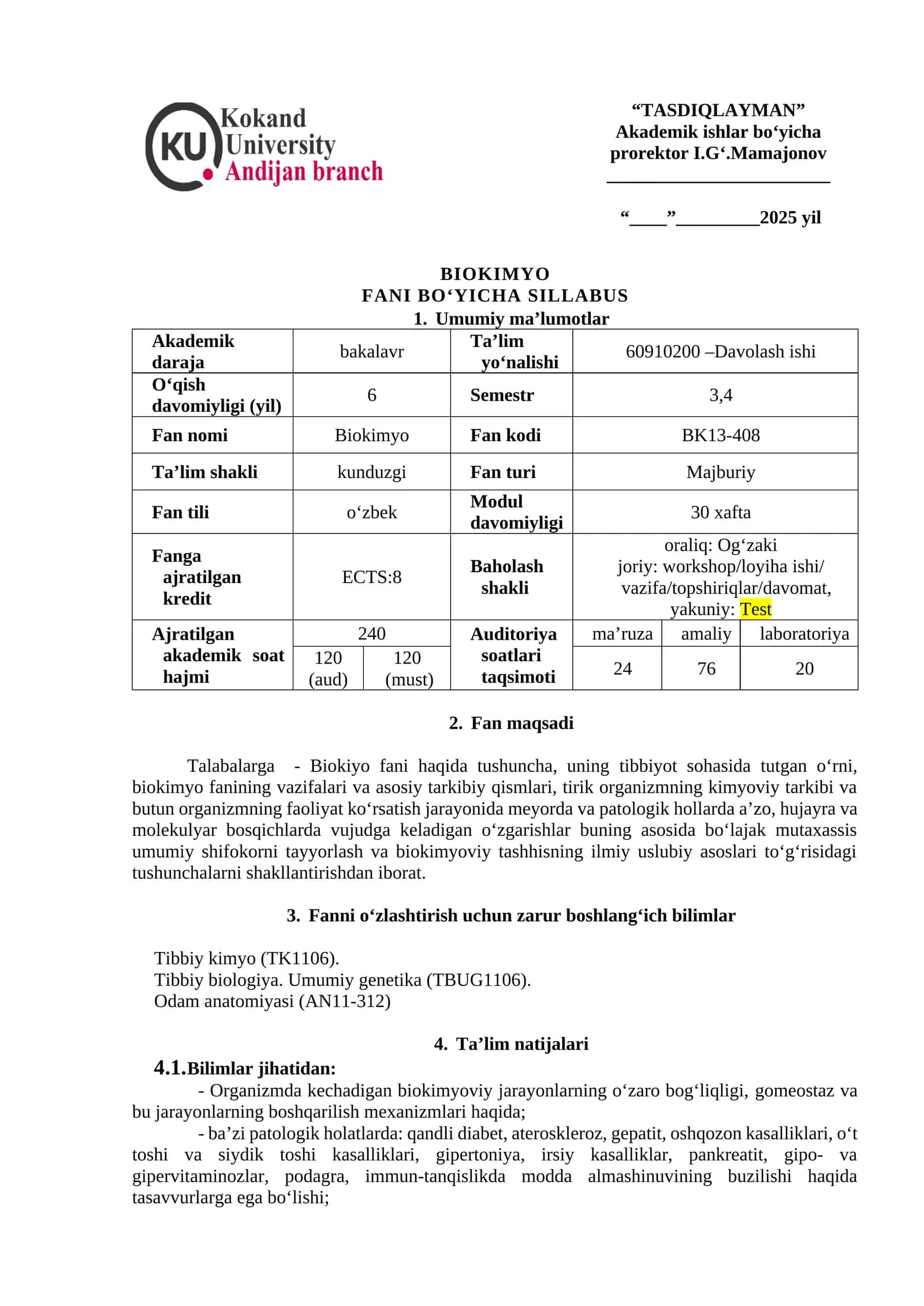 BIOKIMYO FANI BO‘YICHA SILLABUS 1