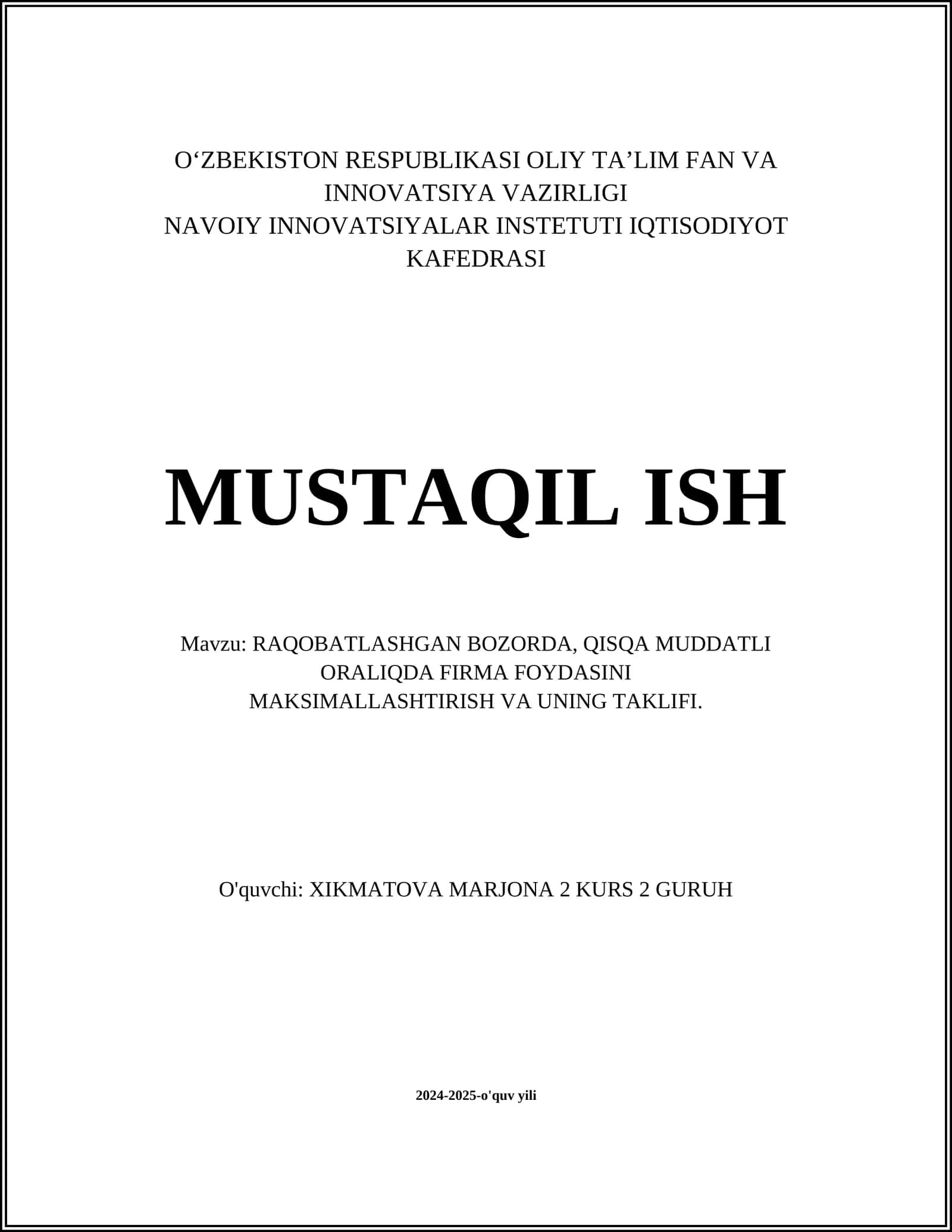RAQOBATLASHGAN BOZORDA, QISQA MUDDATLI ORALIQDA FIRMA FOYDASINI MAKSIMALLASHTIRISH VA UNING TAKLIFI 1