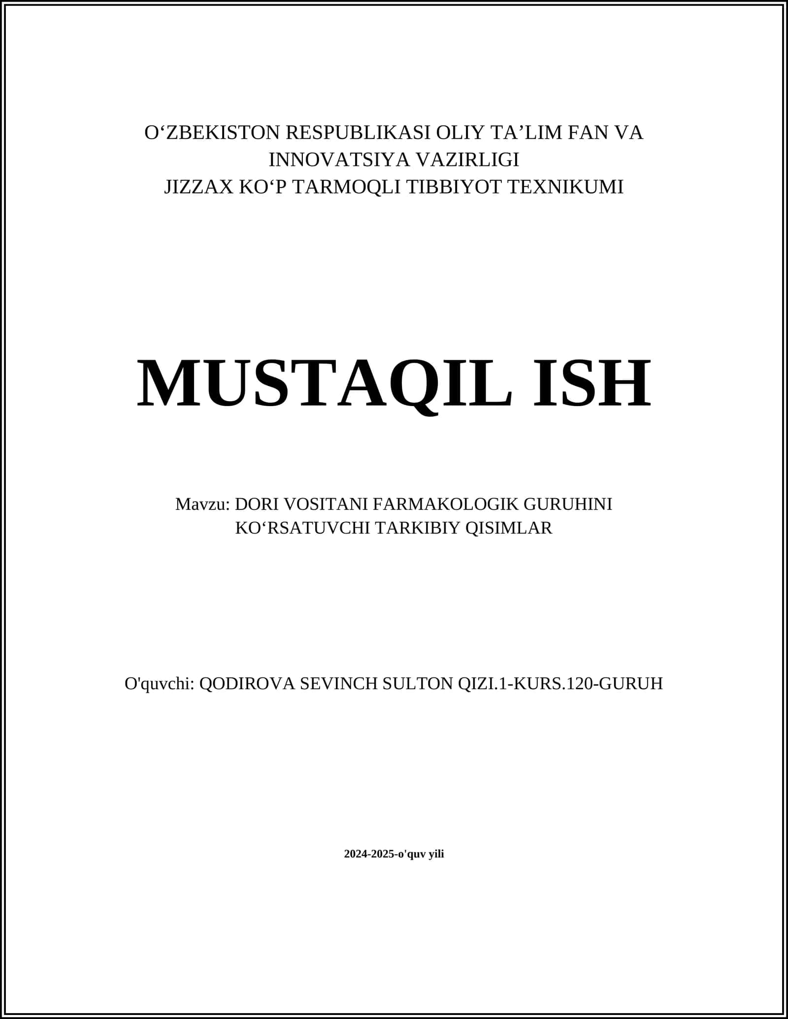 DORI VOSITANI FARMAKOLOGIK GURUHINI KO‘RSATUVCHI TARKIBIY QISIMLAR 1