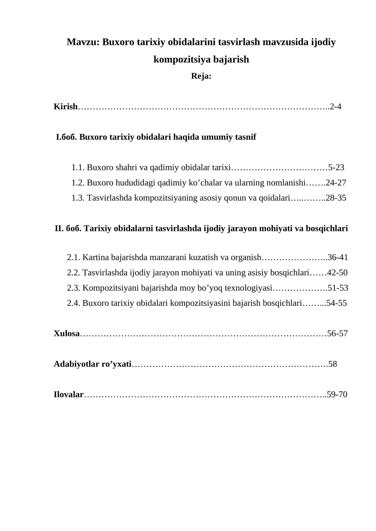 Buxoro tarixiy obidalarini tasvirlash mavzusida ijodiy kompozitsiya bajarish. 1