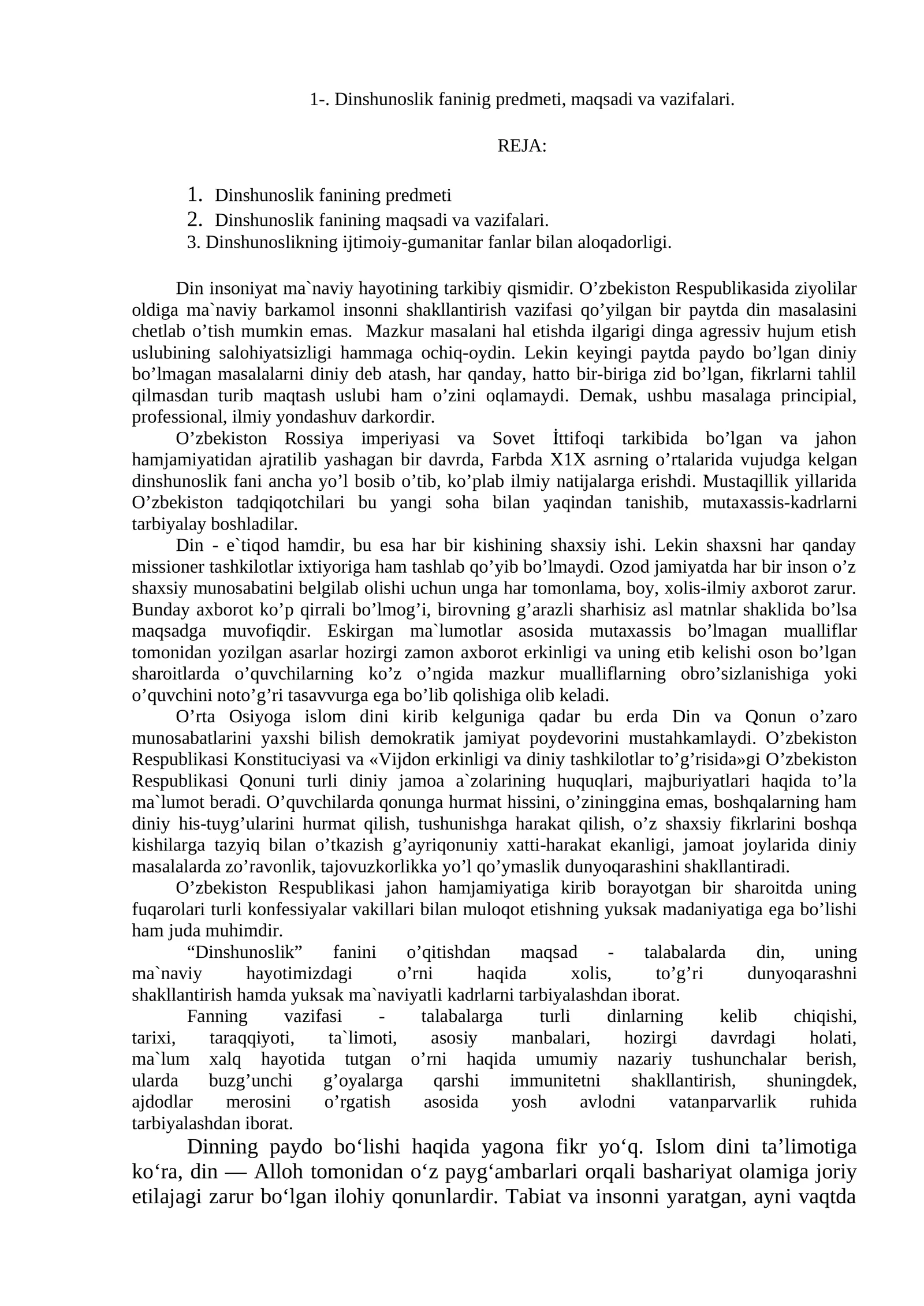 Dinshunoslik Fanining Predmeti, Maqsadi va Vazifalari 1