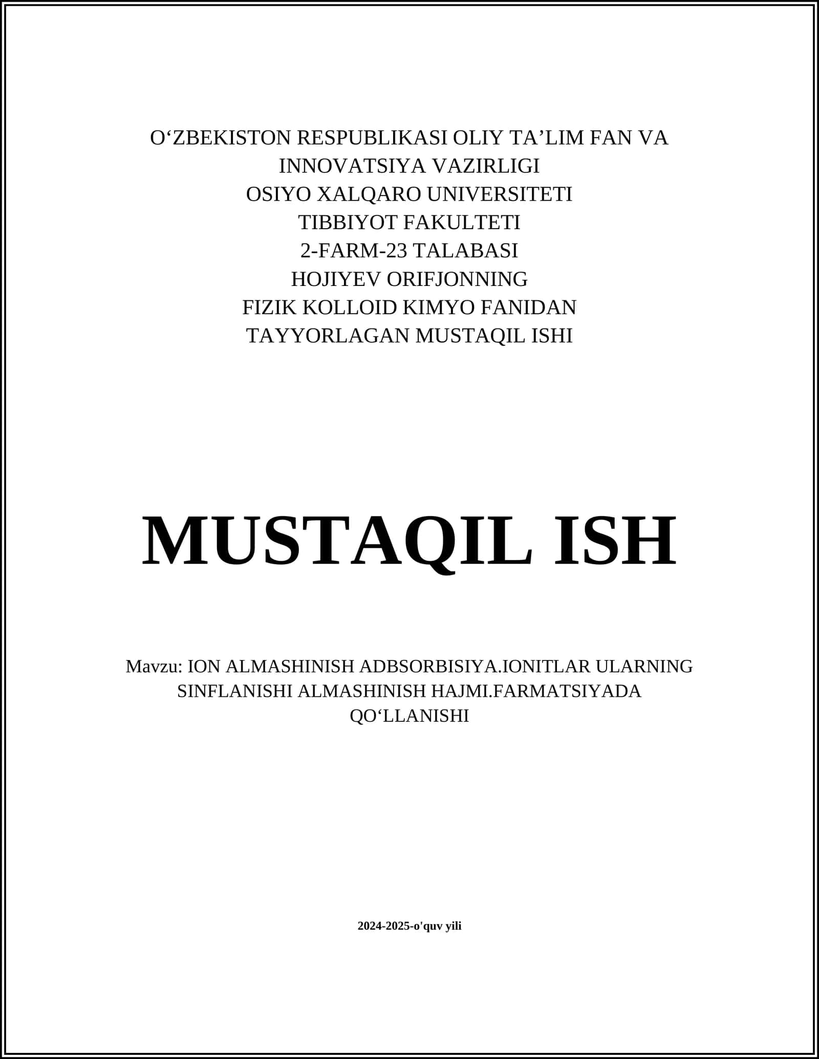 ION ALMASHINISH ADBSORBISIYA.IONITLAR ULARNING SINFLANISHI ALMASHINISH HAJMI.FARMATSIYADA QOʻLLANISHI 1