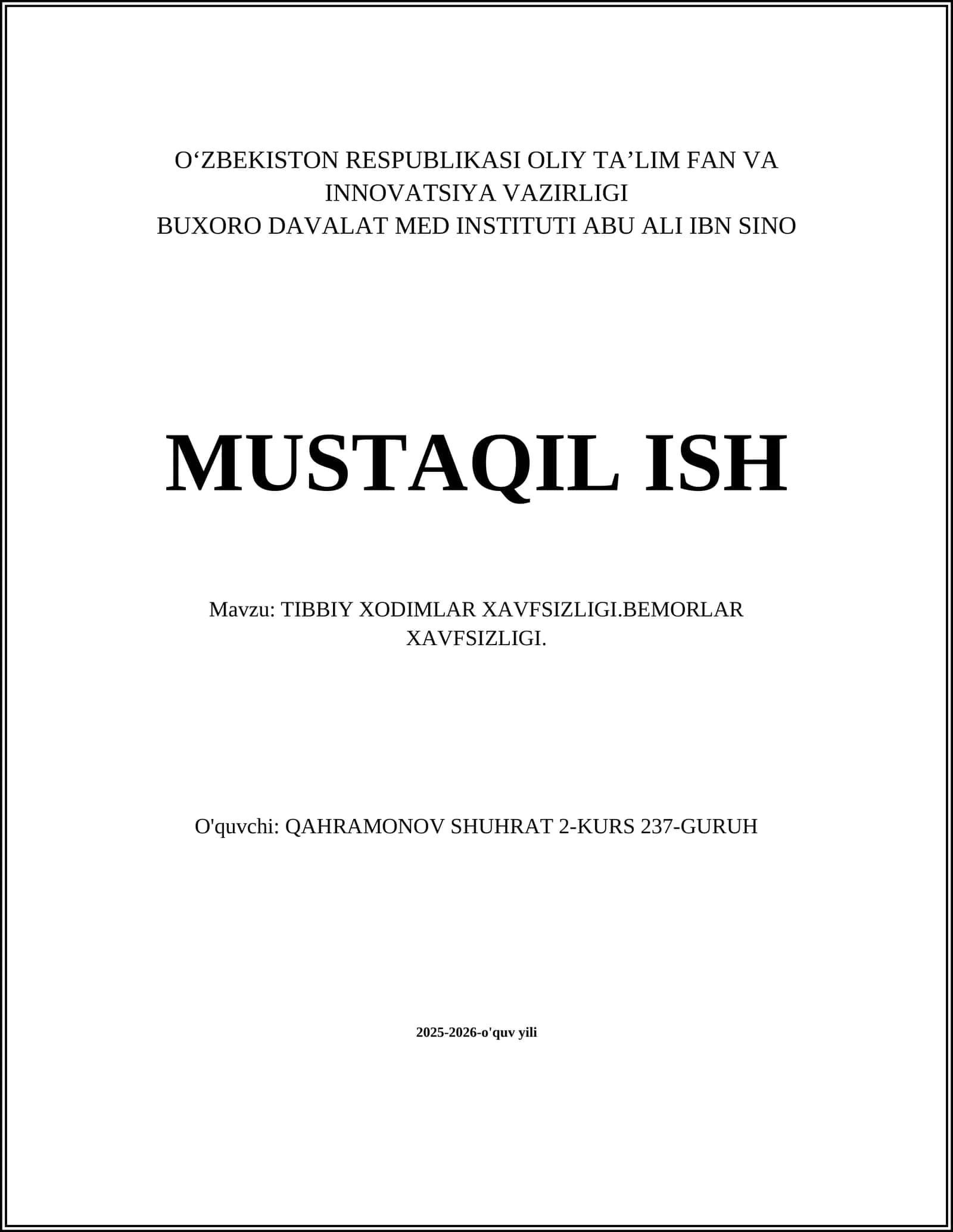 TIBBIY XODIMLAR XAVFSIZLIGI.BEMORLAR XAVFSIZLIGI 1