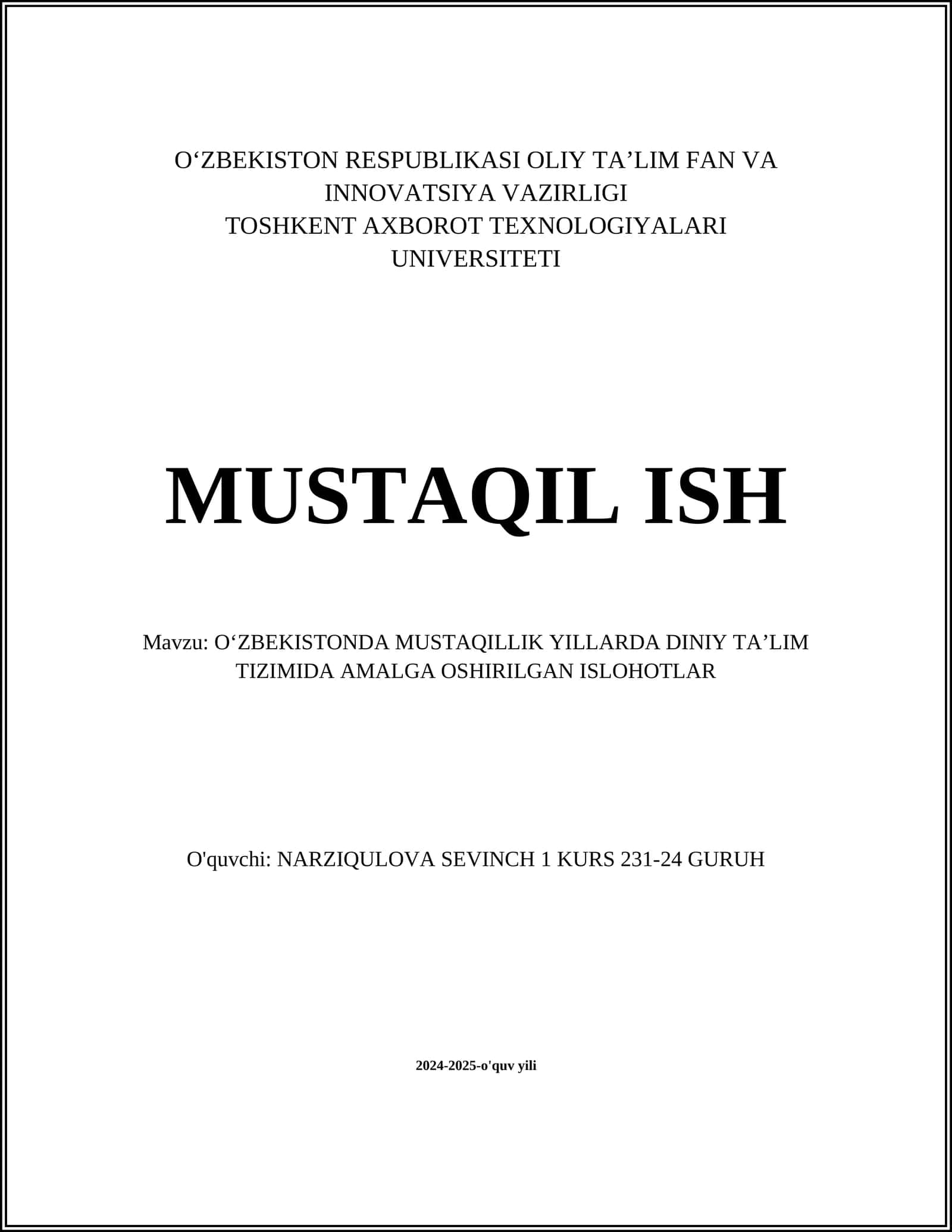 O‘ZBEKISTONDA MUSTAQILLIK YILLARDA DINIY TA’LIM TIZIMIDA AMALGA OSHIRILGAN ISLOHOTLAR 1