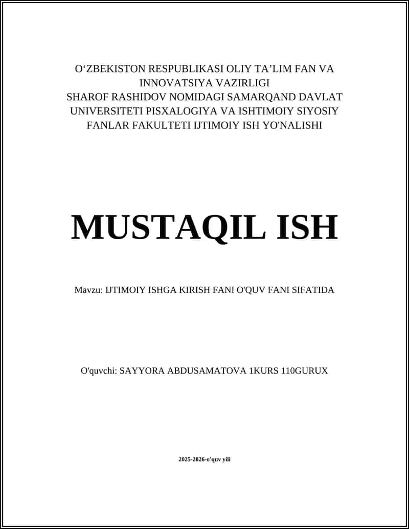 Ijtimoiy ishga kirish fani o'quv fani sifatida: ta'limiy-maqsadlar va vazifalar 1