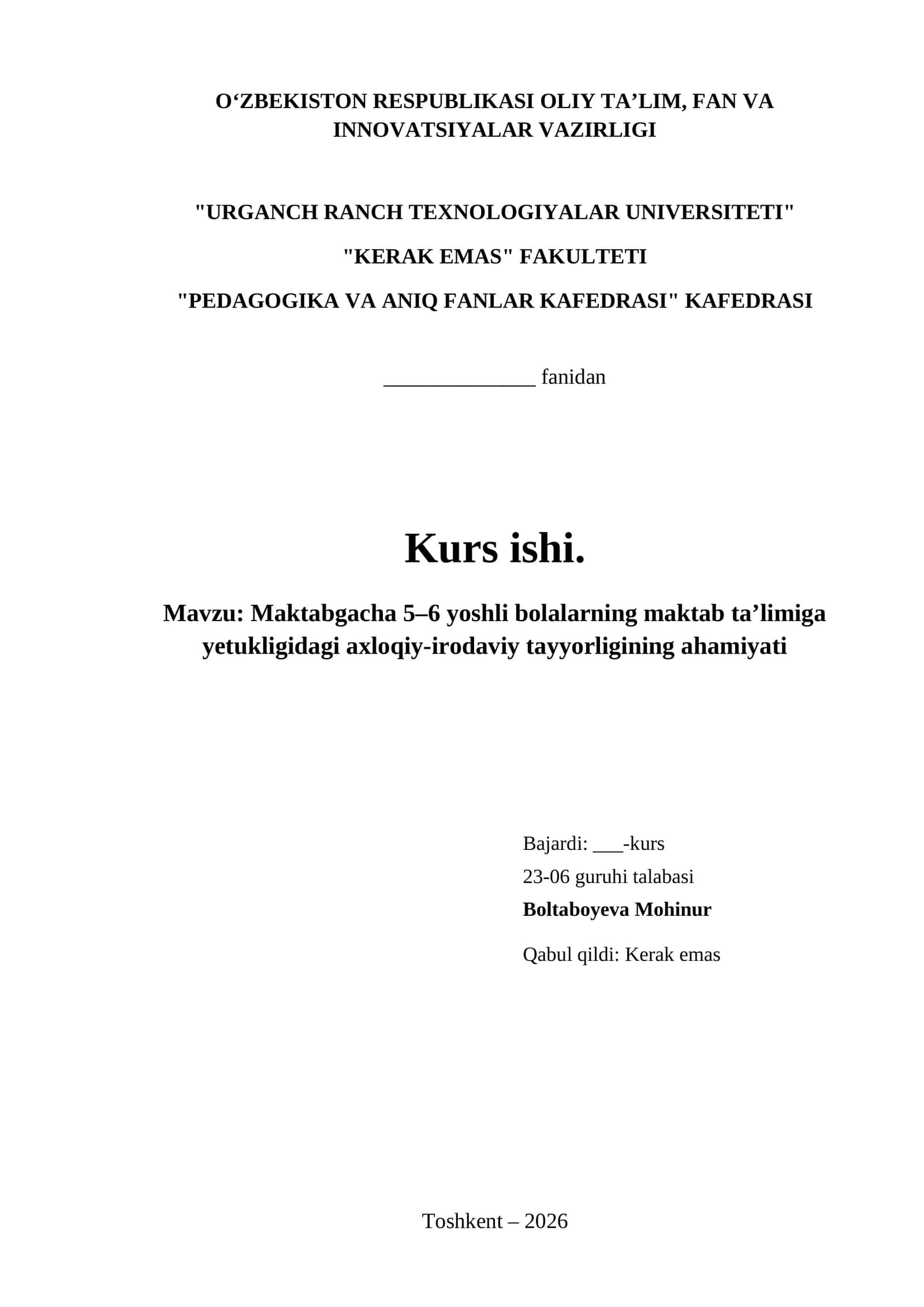 Maktabgacha 5–6 yoshli bolalarning maktab ta’limiga yetukligidagi axloqiy-irodaviy tayyorligining ahamiyati 1