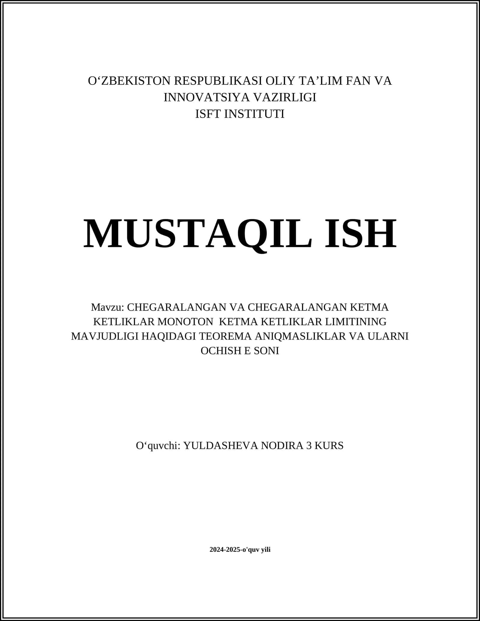 CHEGARALANGAN VA CHEGARALANGAN KETMA KETLIKLAR MONOTON KETMA KETLIKLAR LIMITINING MAVJUDLIGI HAQIDAGI TEOREMA ANIQMASLIKLAR VA ULARNI OCHISH E SONI 1
