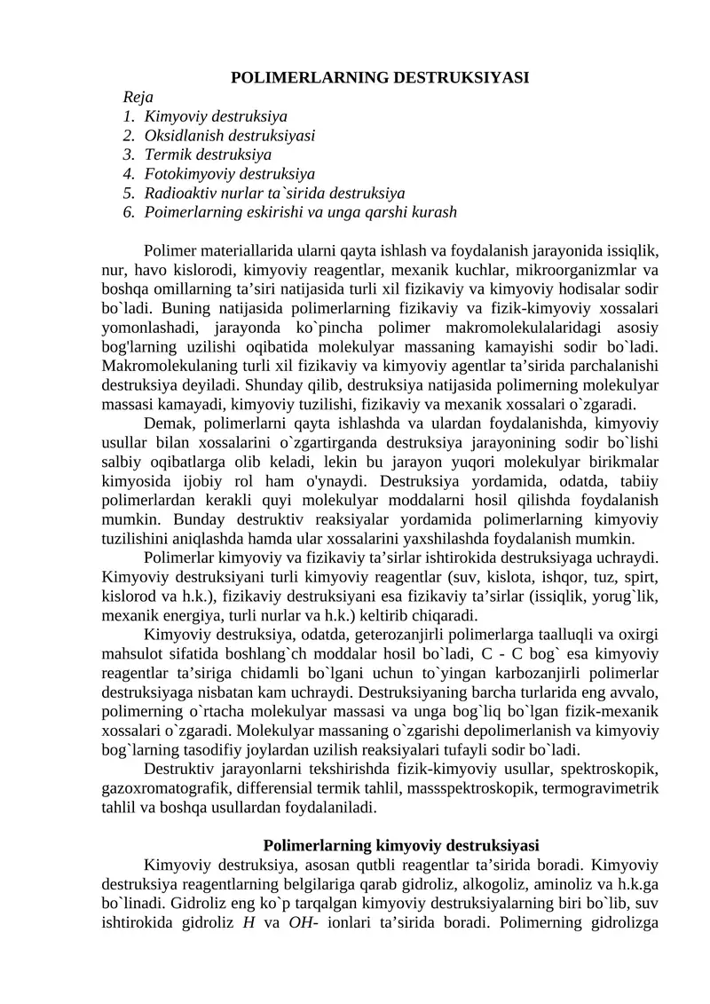 POLIMERLARNING DESTRUKSIYASI 1
