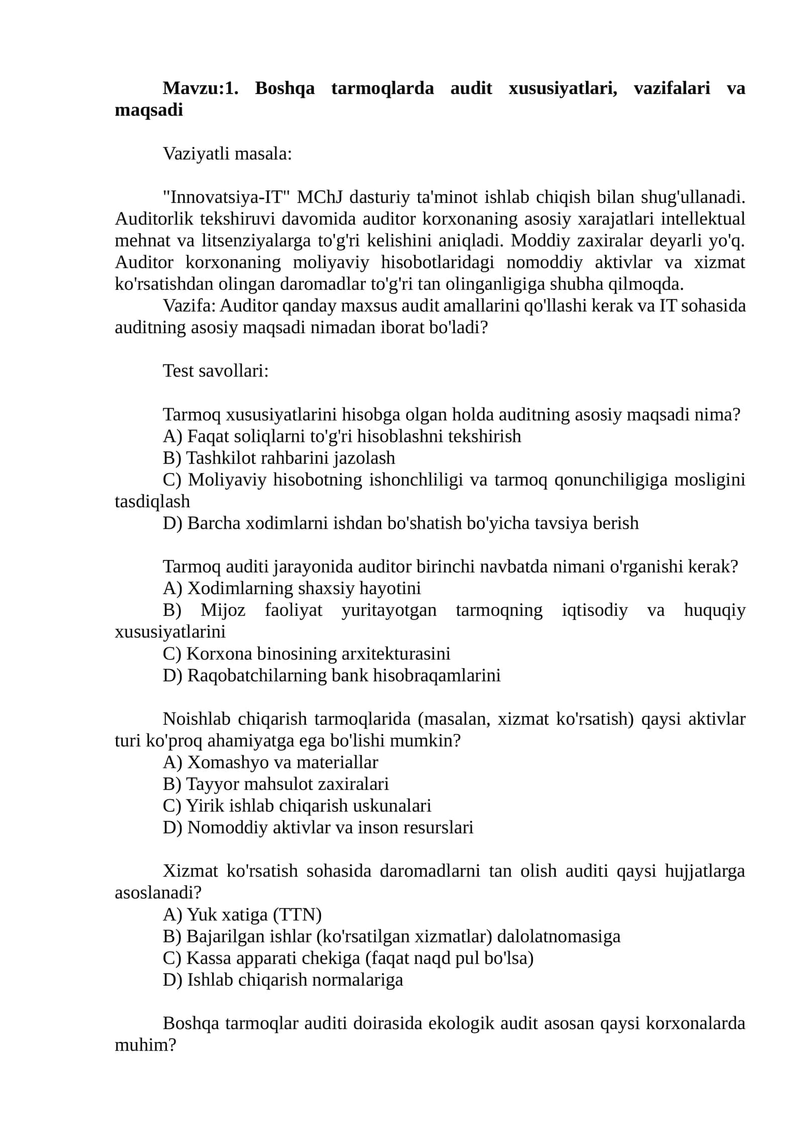 Boshqa tarmoqlarda audit xususiyatlari, vazifalari va maqsadi 1