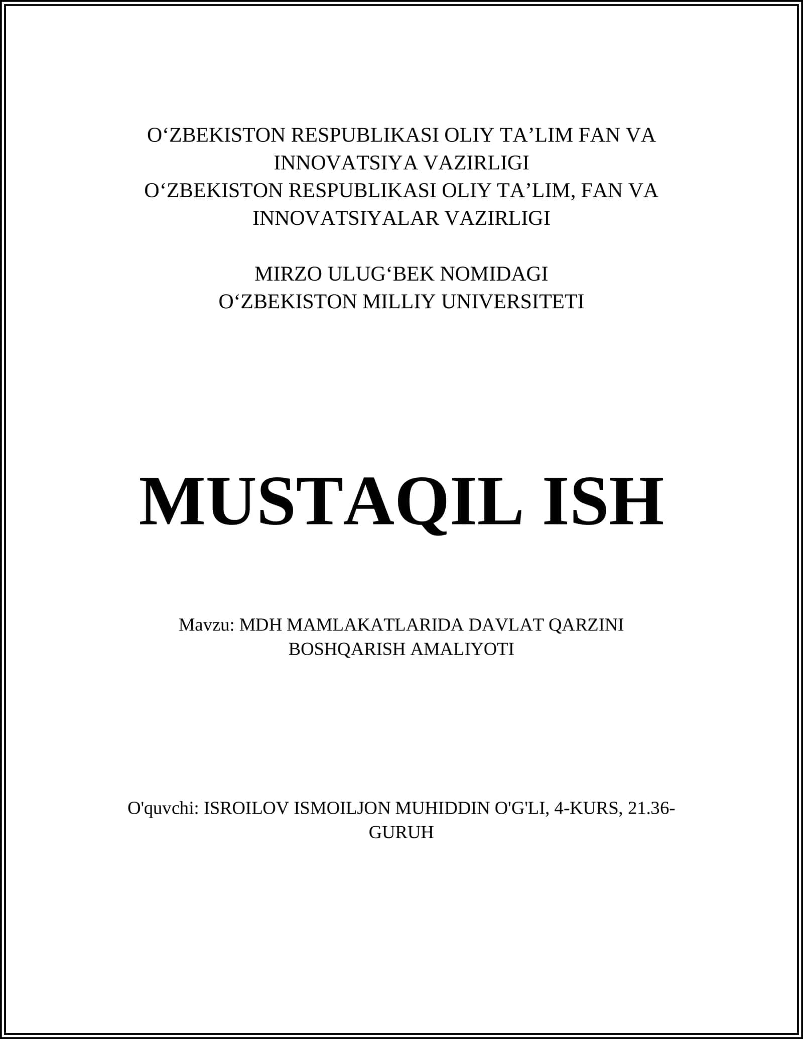 MDH MAMLAKATLARIDA DAVLAT QARZINI BOSHQARISH AMALIYOTI 1