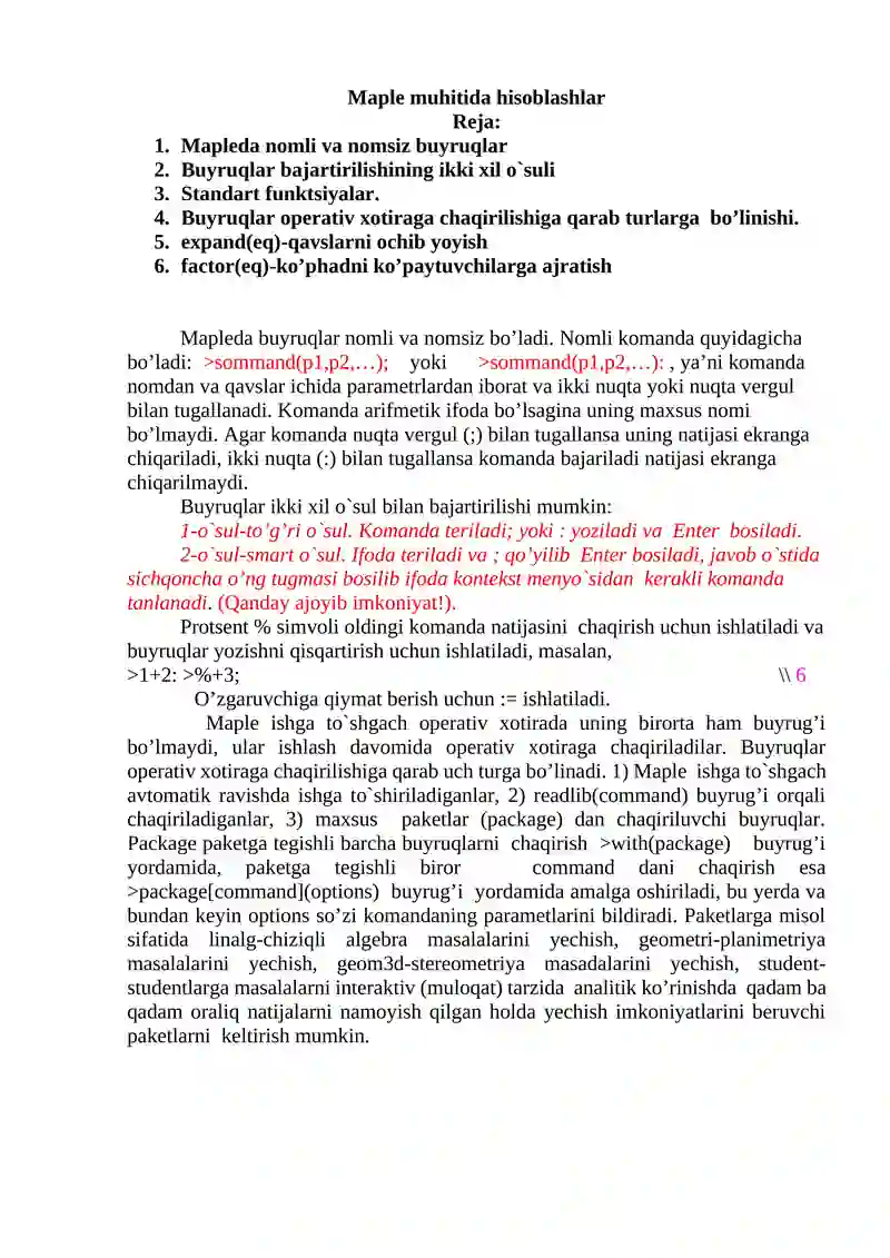 Maple muhitida hisoblashlar