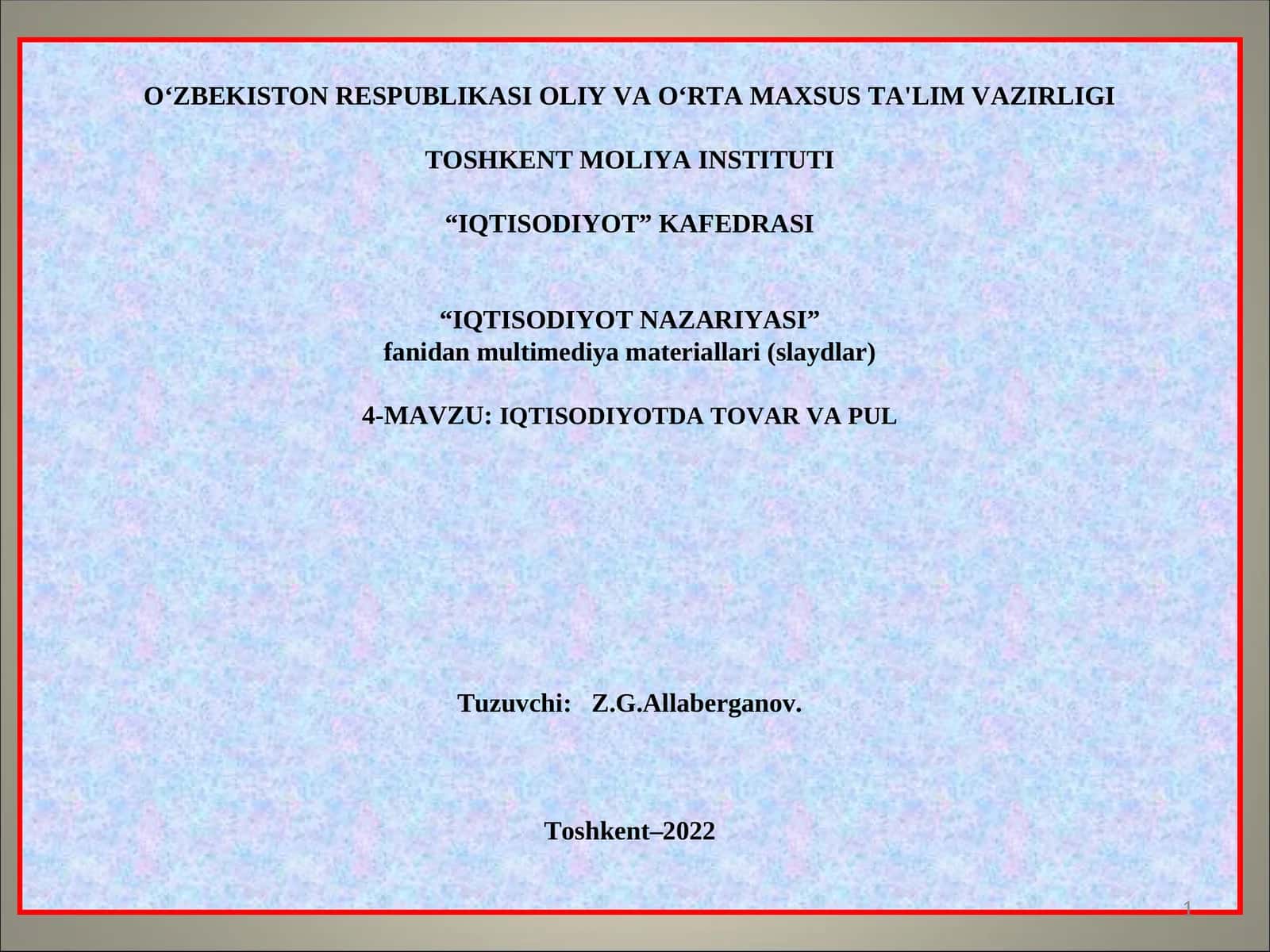 IQTISODIYOTDA TOVAR VA PUL 1