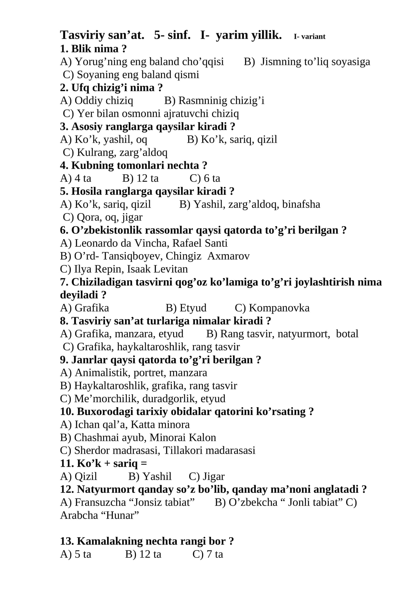 5-sinf I-yarim yillik Tasviriy san'at fanidan test 1