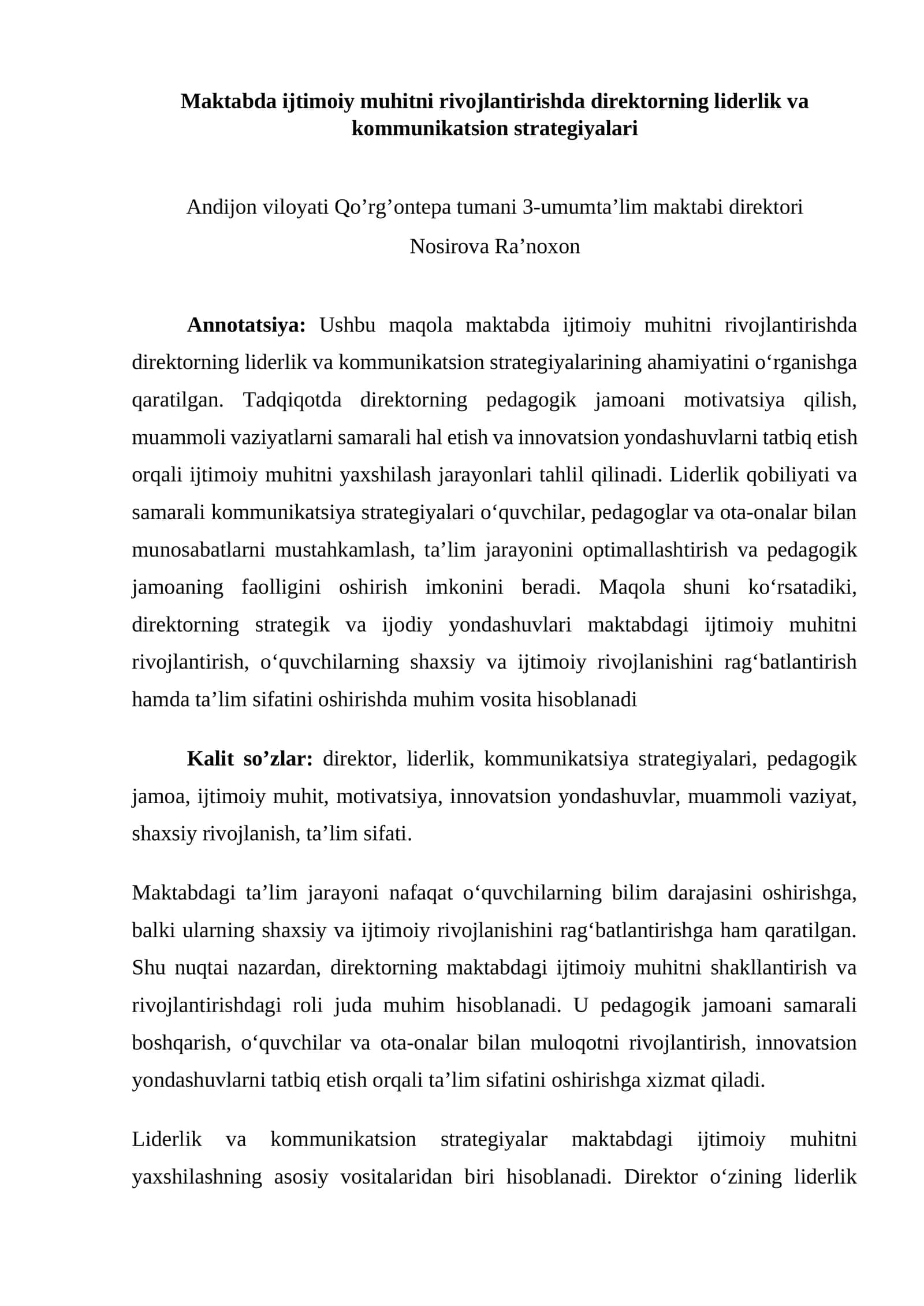 Maktabda ijtimoiy muhitni rivojlantirishda direktorning liderlik va kommunikatsion strategiyalari 1