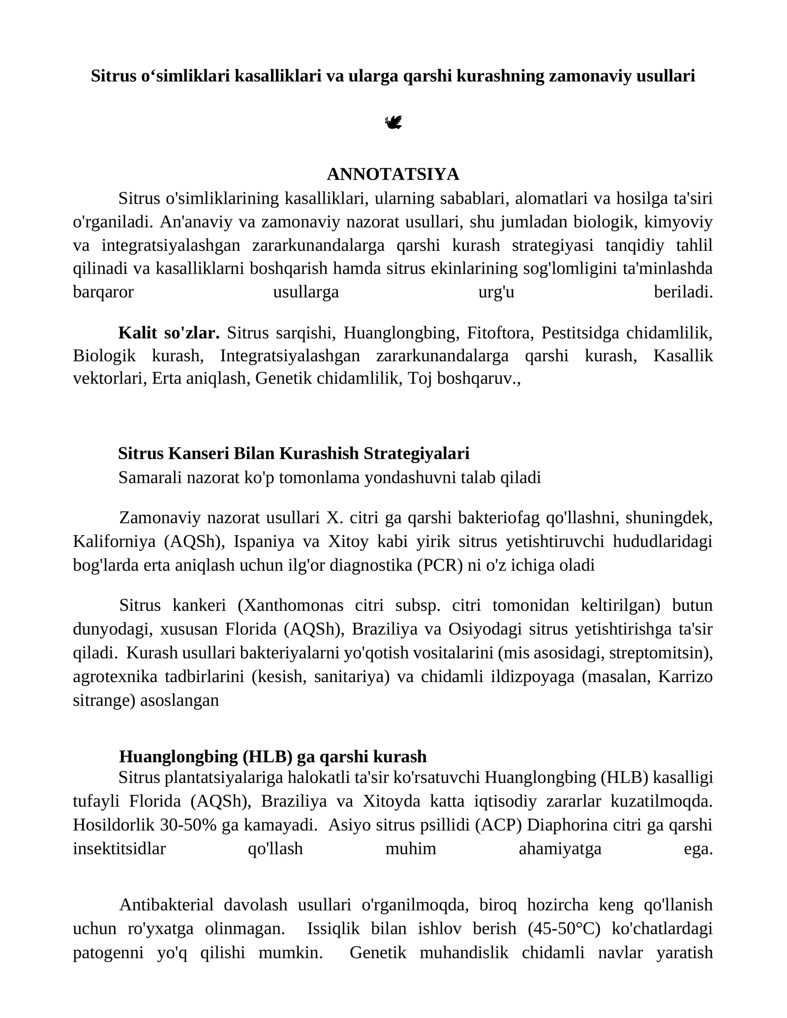Sitrus o‘simliklari kasalliklari va ularga qarshi kurashning zamonaviy usullari 1