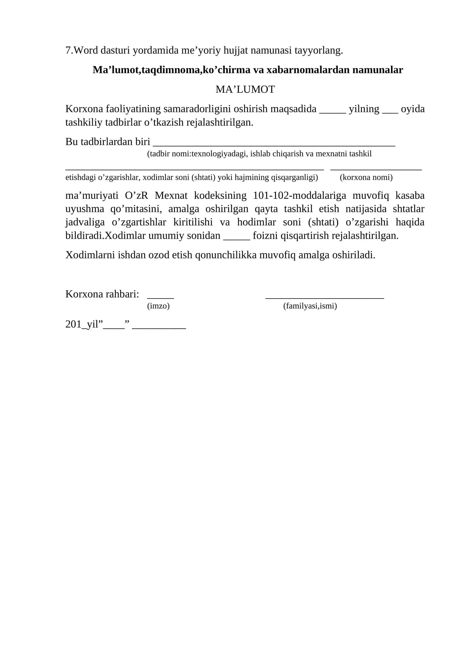 Word dasturi yordamida me’yoriy hujjat namunasi tayyorlang 1