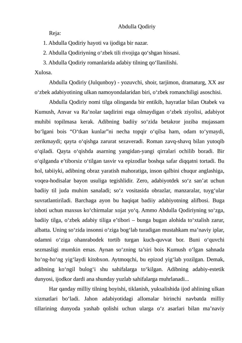 Abdulla Qodiriy hayoti va ijodi yuzasidan referat 1