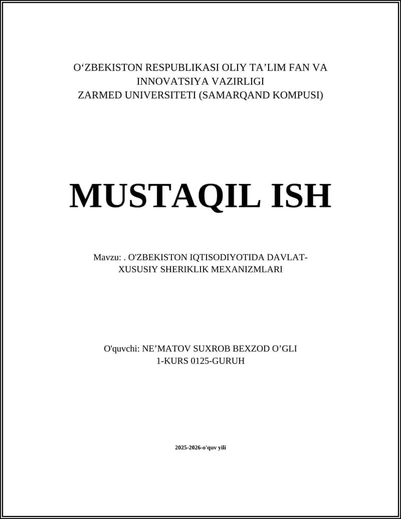 O‘ZBEKISTON IQTISODIYOTIDA DAVLAT-XUSUSIY SHERIKLIK MEXANIZMLARI 1