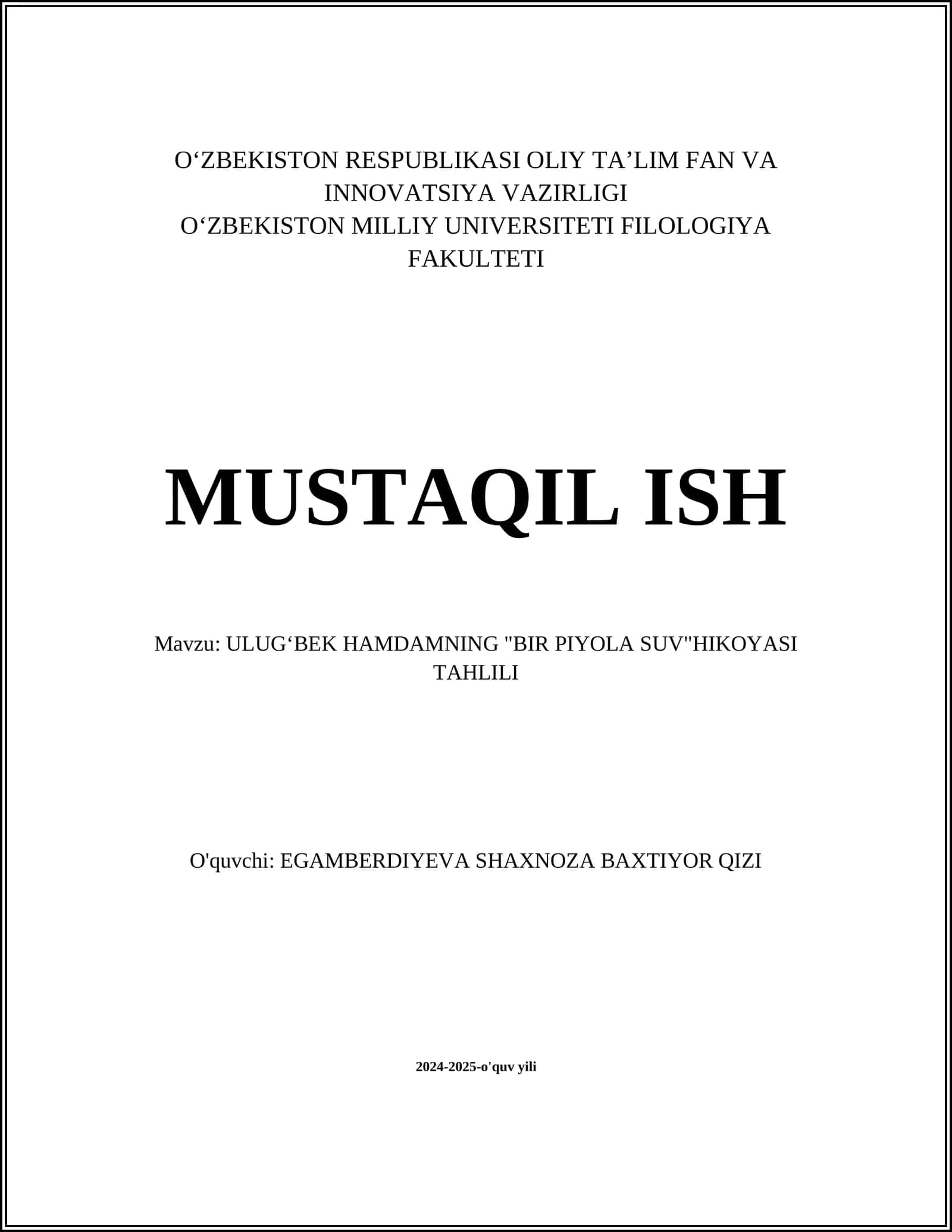 ULUGʻBEK HAMDAMNING "BIR PIYOLA SUV"HIKOYASI TAHLILI 1
