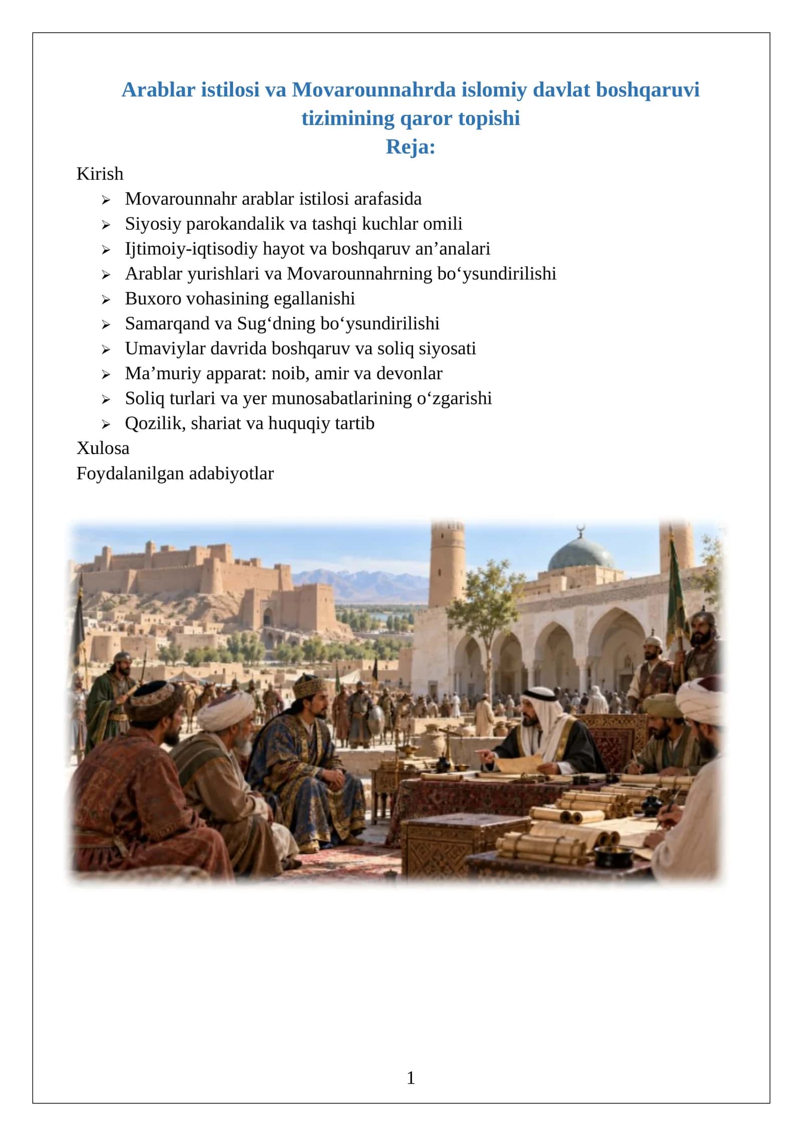 Arablar istilosi va Movarounnahrda islomiy davlat boshqaruvi tizimining qaror topishi 1
