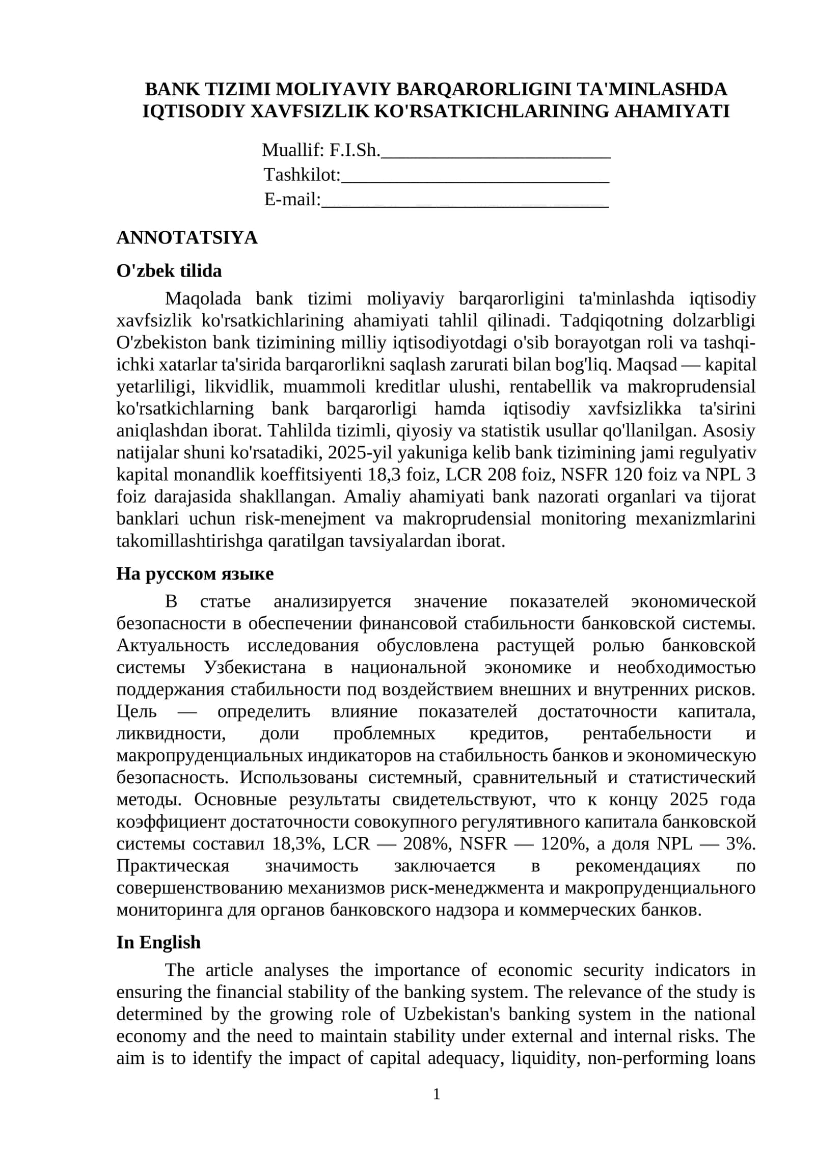 BANK TIZIMI MOLIYAVIY BARQARORLIGINI TA'MINLASHDA IQTISODIY XAVFSIZLIK KO'RSATKICHLARINING AHAMIYATI 1