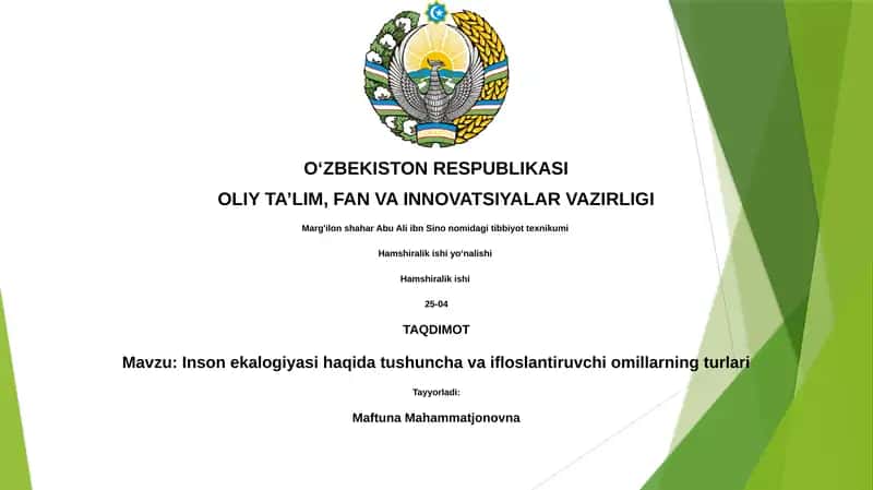 Inson ekologiyasi haqida tushuncha va ifloslantiruvchi omillarning turlari 1