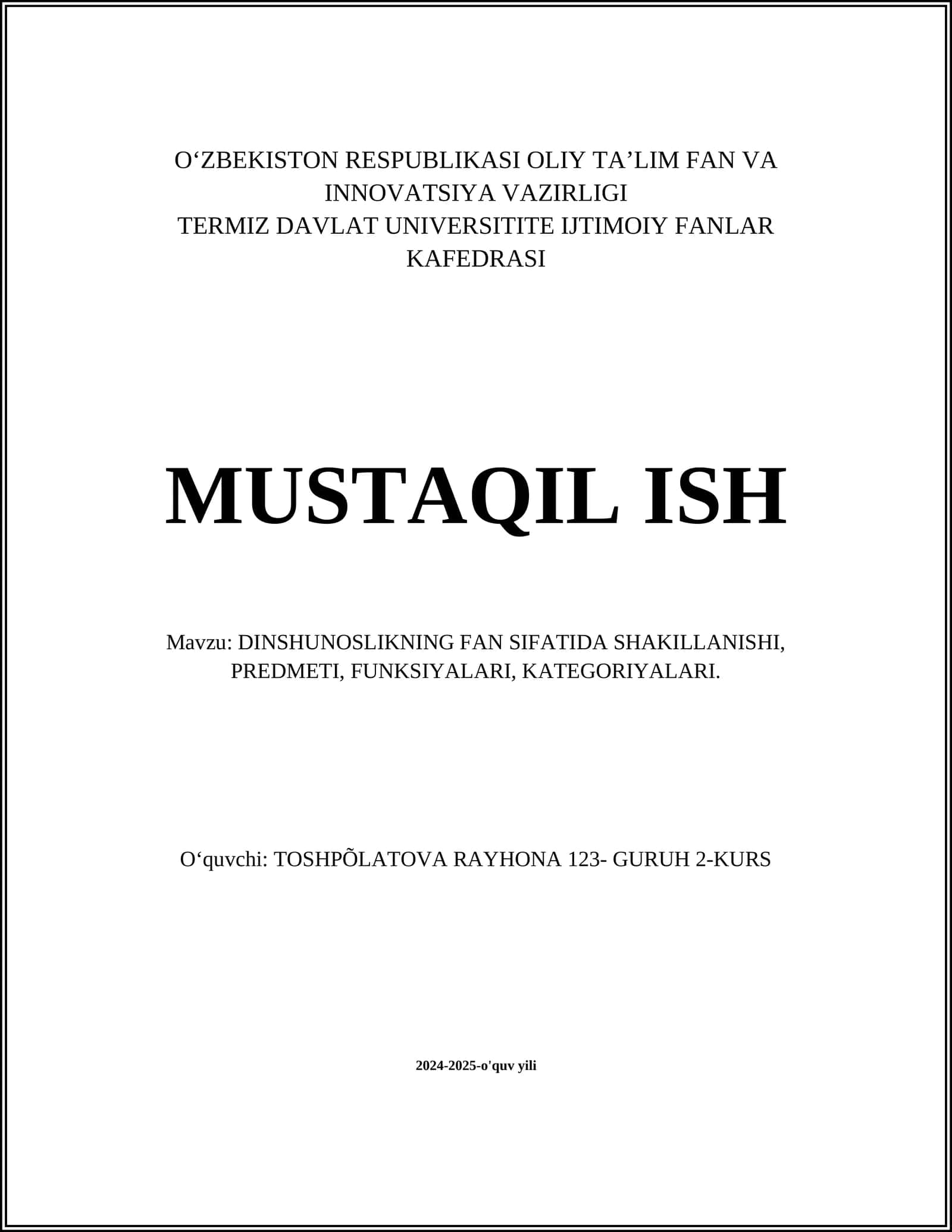 DINSHUNOSLIKNING FAN SIFATIDA SHAKILLANISHI, PREDMETI, FUNKSIYALARI, KATEGORIYALARI 1