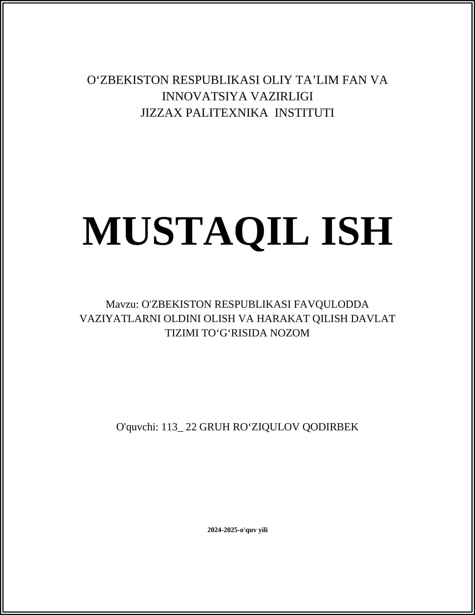O'ZBEKISTON RESPUBLIKASI FAVQULODDA VAZIYATLARNI OLDINI OLISH VA HARAKAT QILISH DAVLAT TIZIMI TO‘G‘RISIDA NOZOM 1