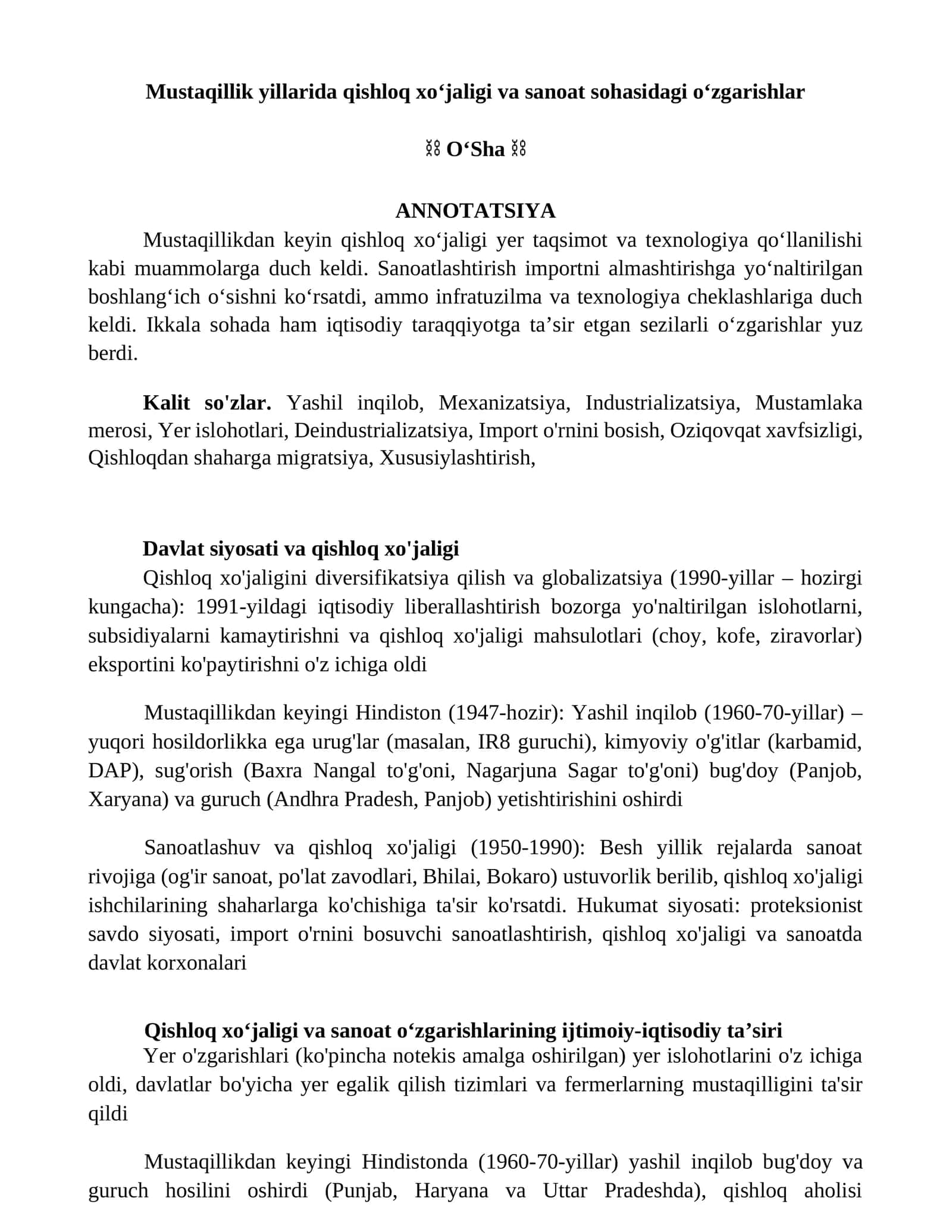 Oʻzgarishlar Mustaqillik yillarida qishloq xoʻjaligi va sanoat sohasidagi 1