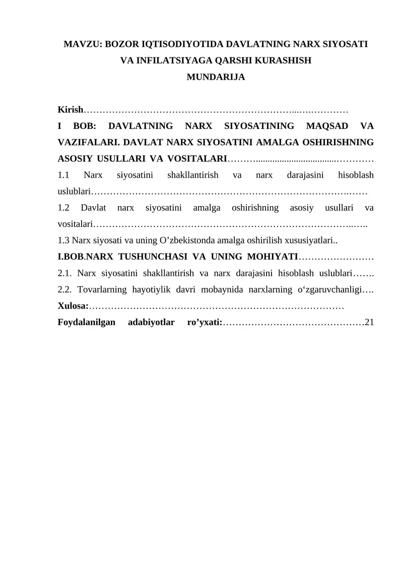 BOZOR IQTISODIYOTIDA DAVLATNING NARX SIYOSATI    VA INFILATSIYAGA QARSHI KURASHISH 1