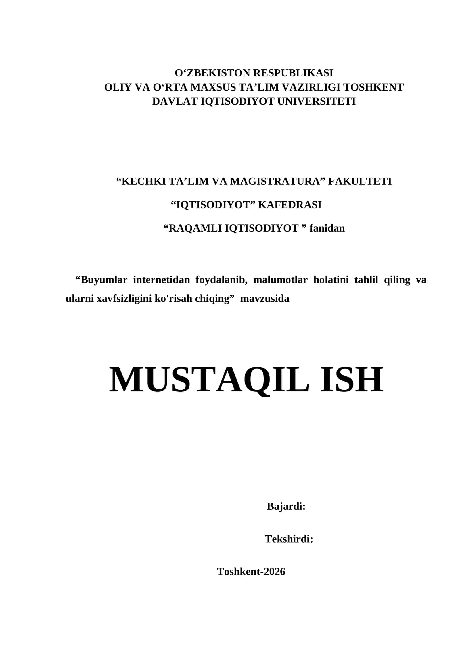 Buyumlar internetidan foydalanib, malumotlar holatini tahlil qiling va ularni xavfsizligini ko'risah chiqing 1