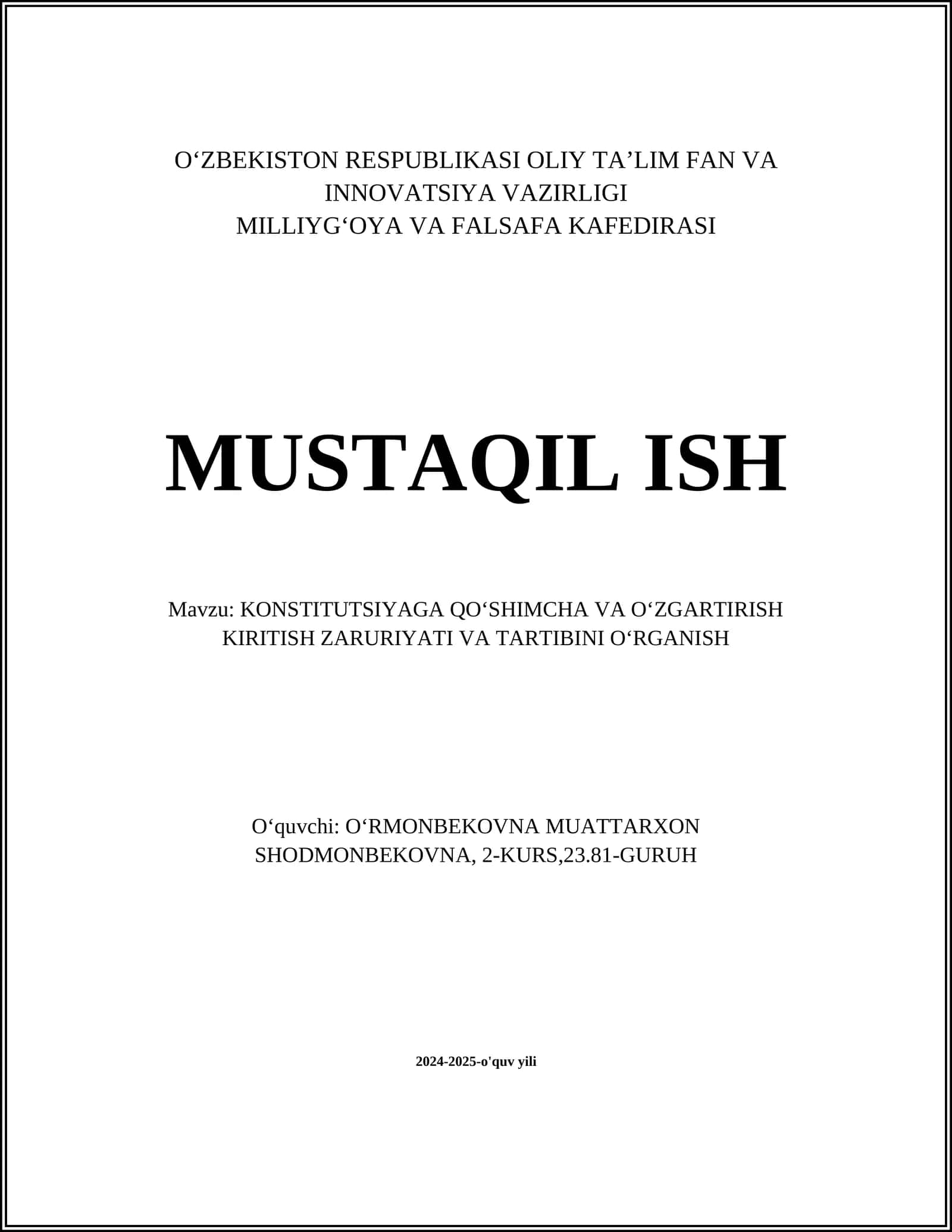 KONSTITUTSIYAGA QOʻSHIMCHA VA OʻZGARTIRISH KIRITISH ZARURIYATI VA TARTIBINI OʻRGANISH 1