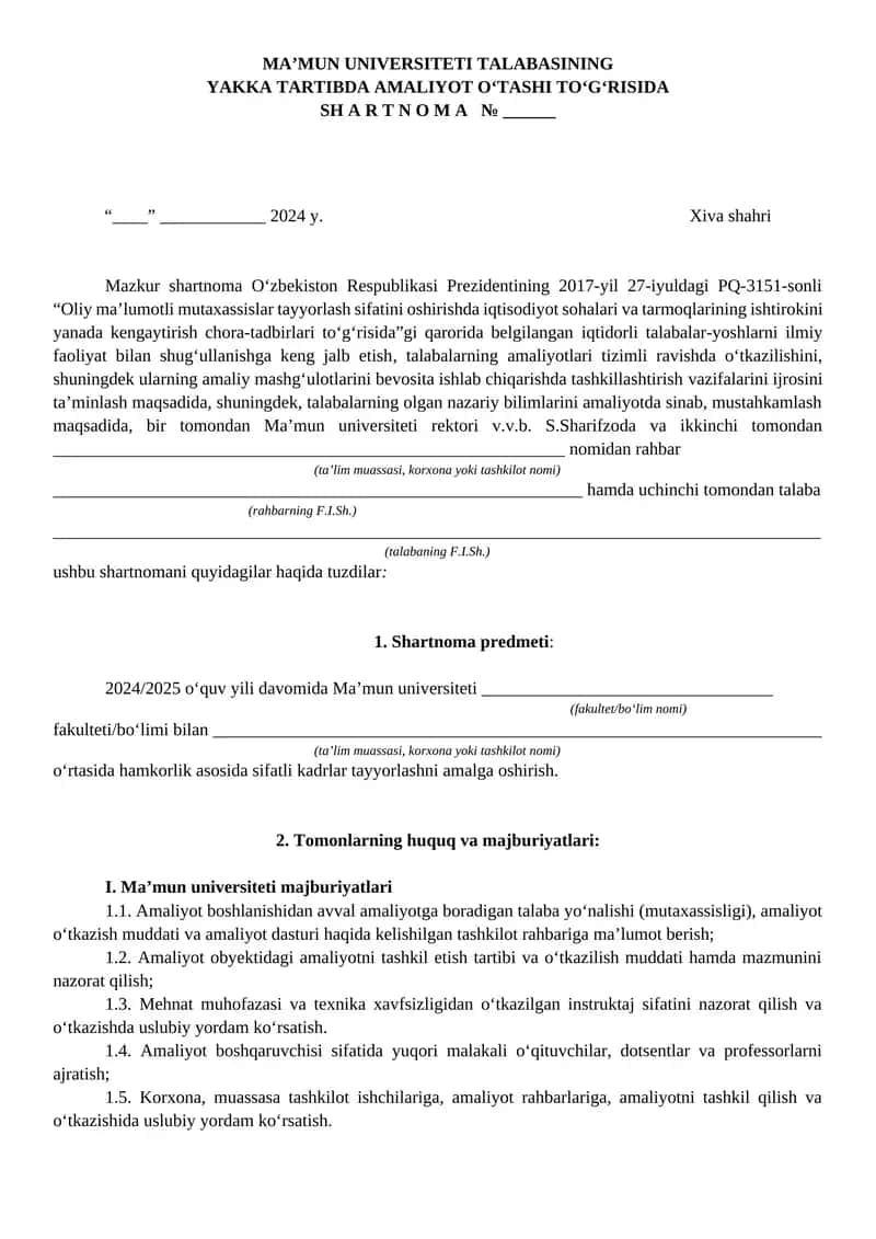 MA’MUN UNIVERSITETI TALABASINING YAKKA TARTIBDA AMALIYOT O‘TASHI TO‘G‘RISIDA 1