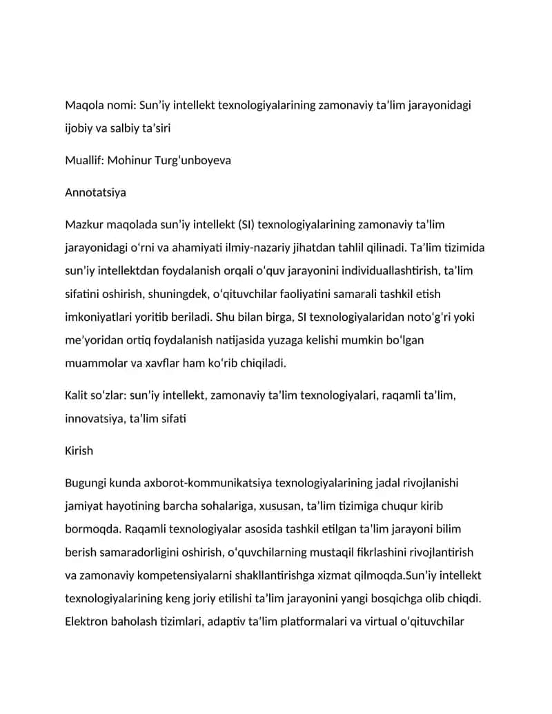 Sun’iy intellekt texnologiyalarining zamonaviy ta’lim jarayonidagi ijobiy va salbiy ta’siri 1