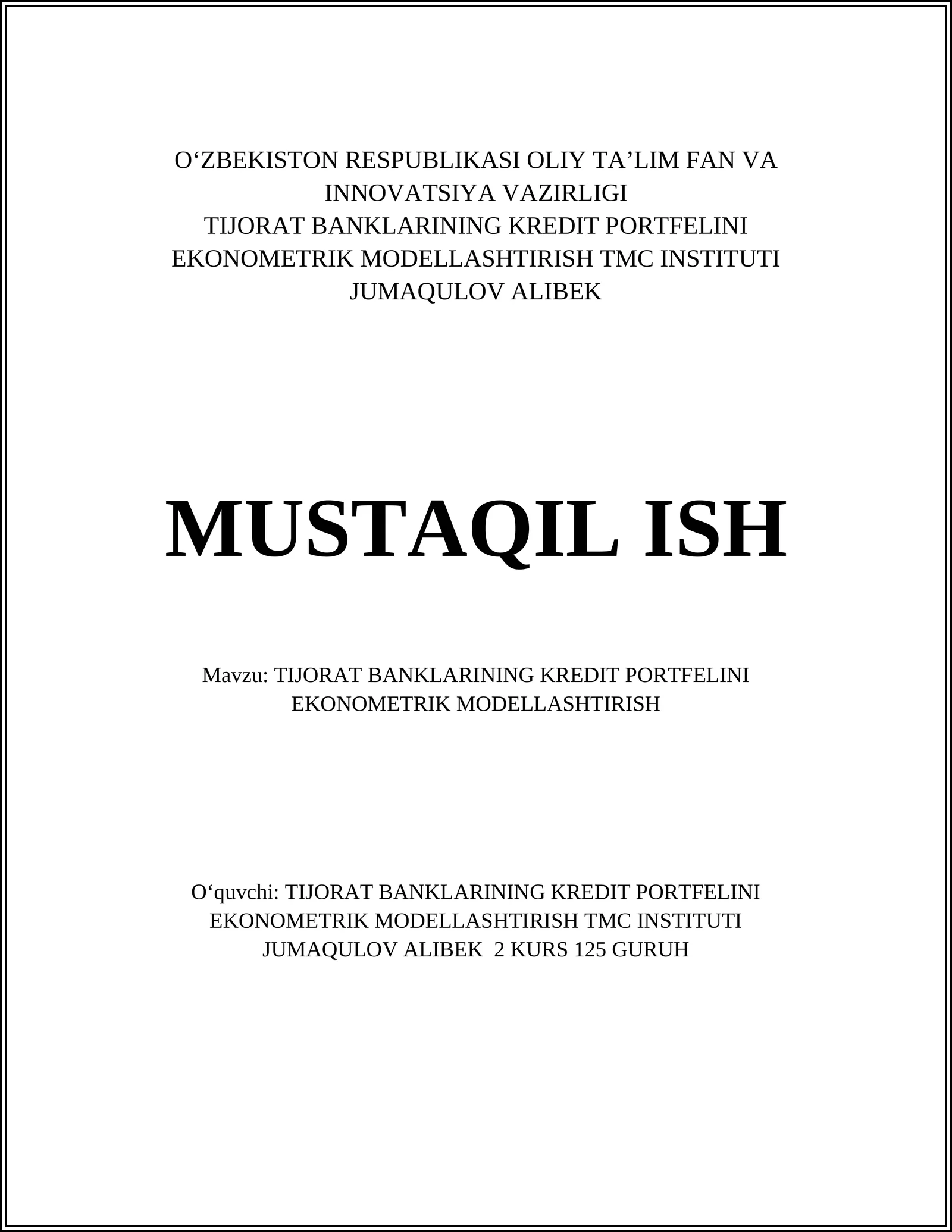 Tijorat Banklarining Kredit Portfelini Ekonomik Modellashtirish 1