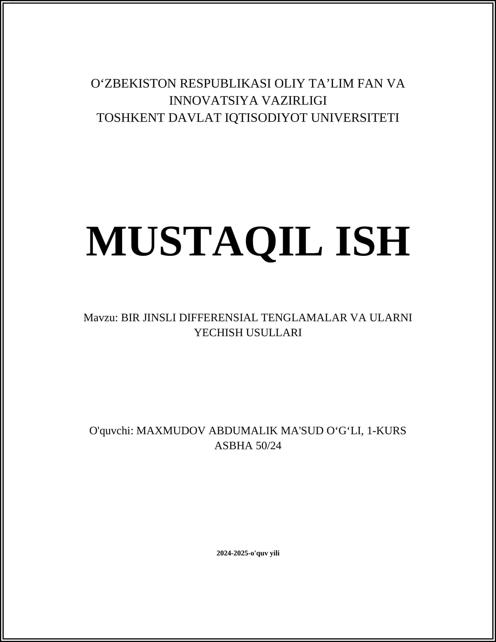 BIR JINSLI DIFFERENSIAL TENGLAMALAR VA ULARNI YECHISH USULLARI 1