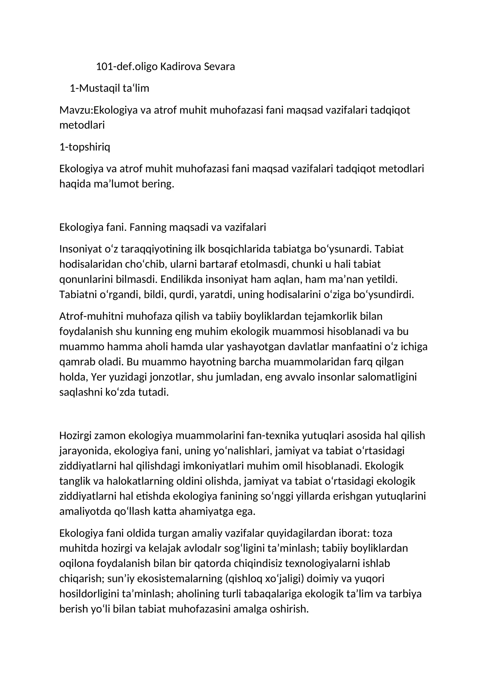 Atrof-muhit va ekologiyani muhofaza qilish asoslari va metodologiyasi 1