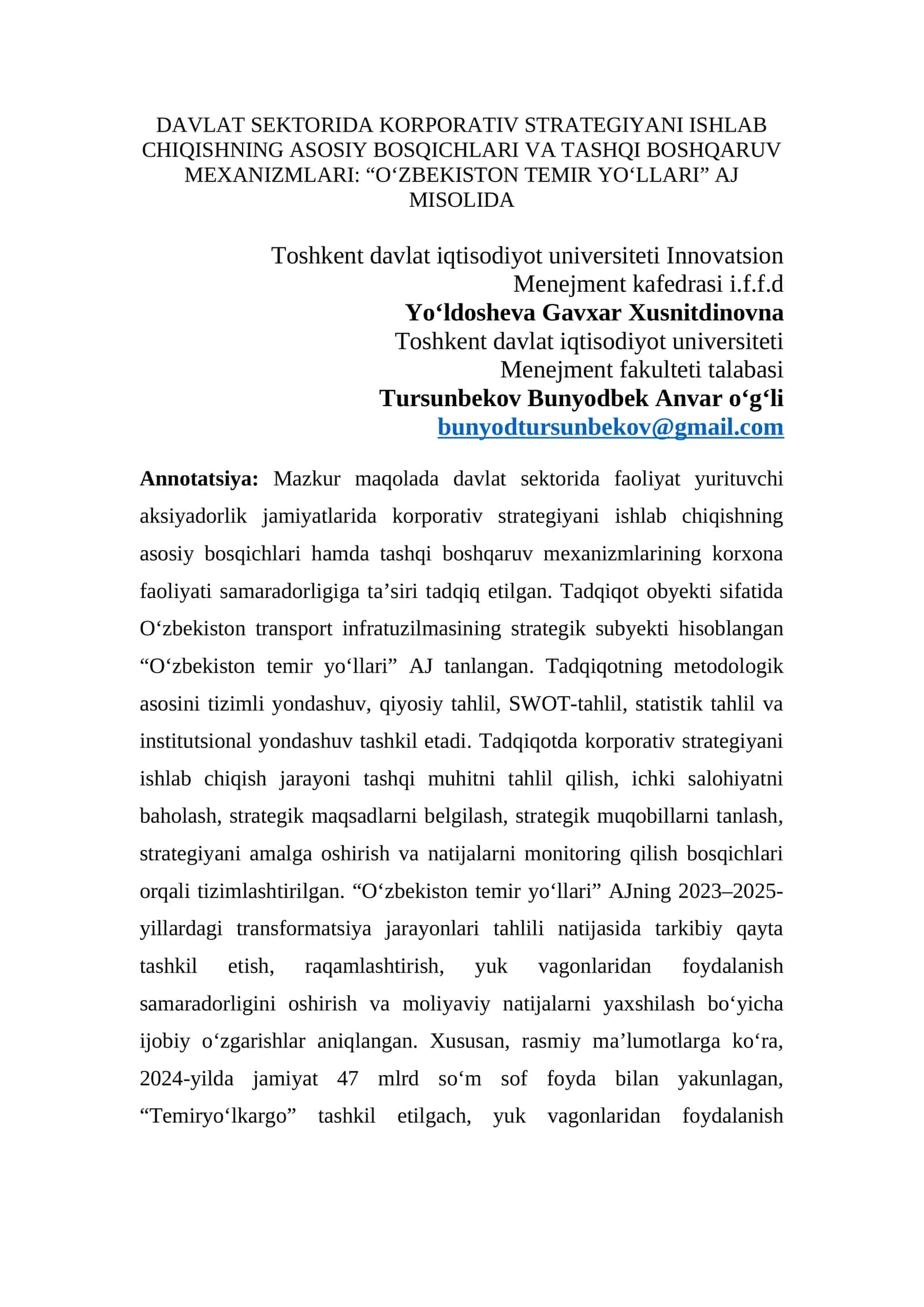 DAVLAT SEKTORIDA KORPORATIV STRATEGIYANI ISHLAB CHIQISHNING ASOSIY BOSQICHLARI VA TASHQI BOSHQARUV MEXANIZMLARI: “O‘ZBEKISTON TEMIR YO‘LLARI” AJ MISOLIDA 1