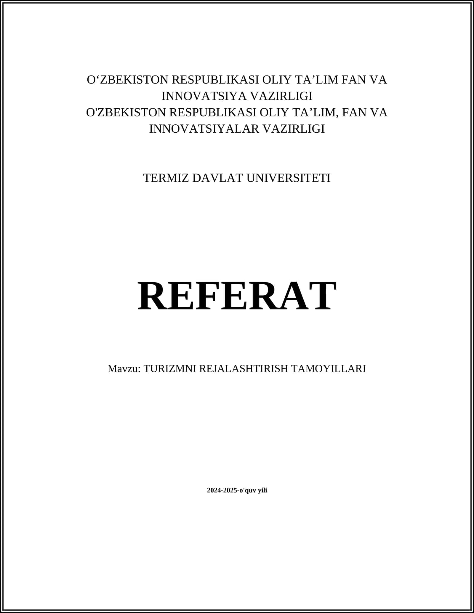 TURIZMNI REJALASHTIRISH TAMOYILLARI 1