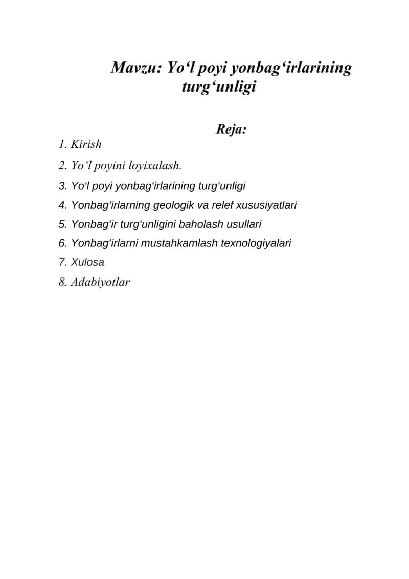 Yo‘l poyi yonbag‘irlarining turg‘unligi 1