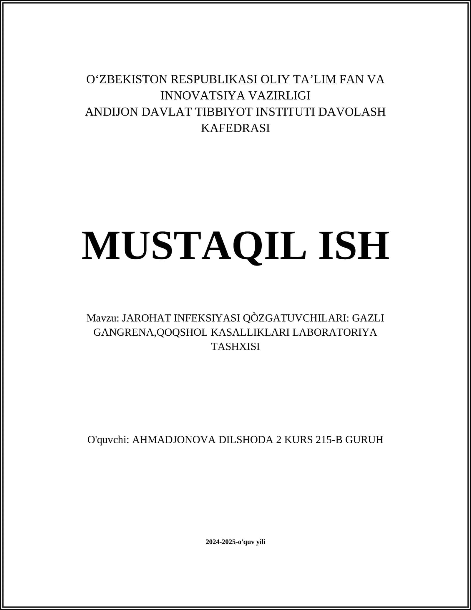JAROHAT INFEKSIYASI QÒZGATUVCHILARI: GAZLI GANGRENA,QOQSHOL KASALLIKLARI LABORATORIYA TASHXISI 1