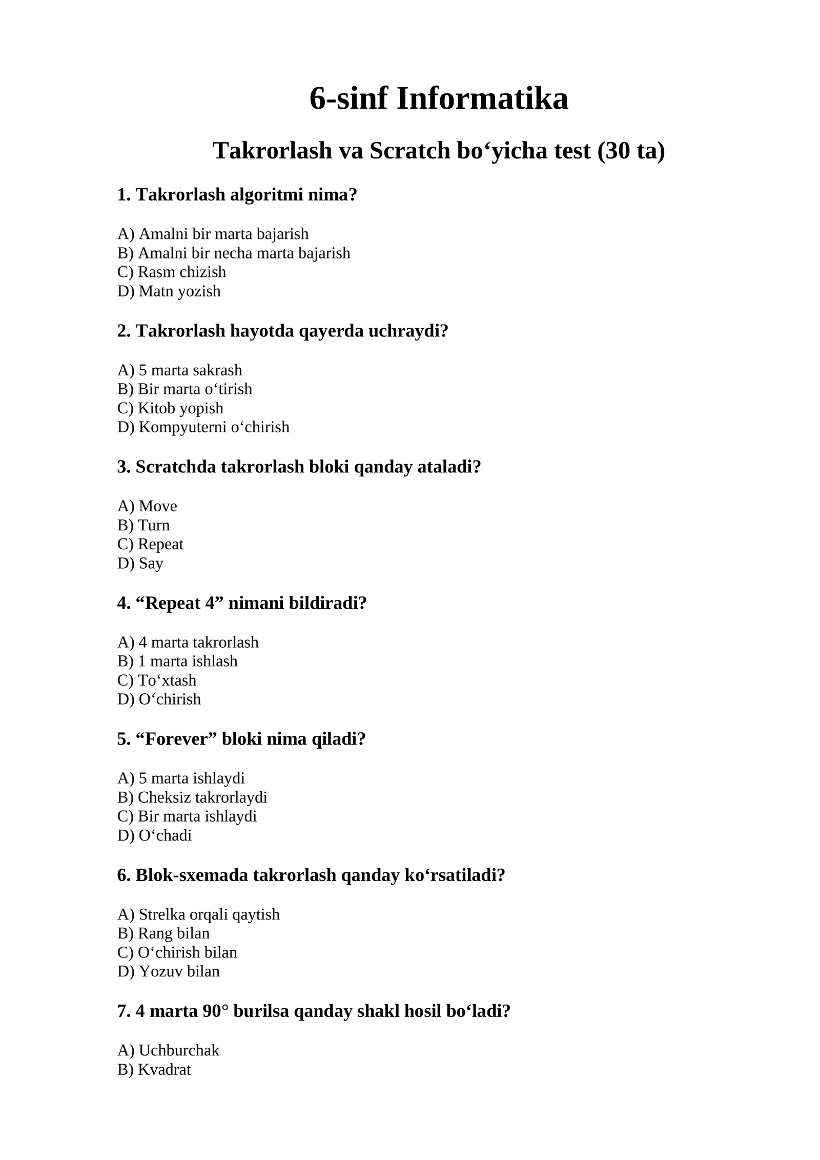 6-sinf informatikasidan 30 talik test 3-chorak 1