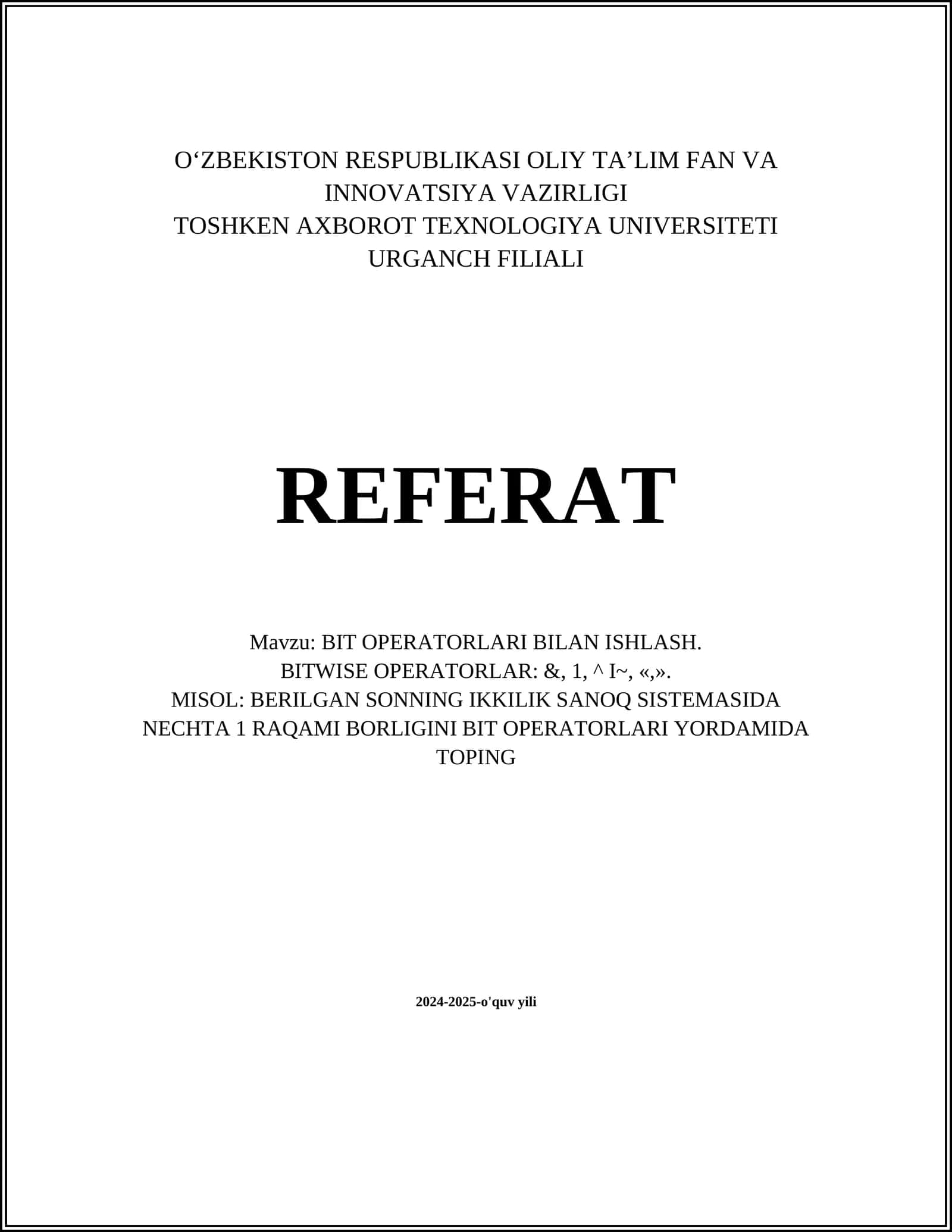 BIT OPERATORLARI BILAN ISHLASH 1