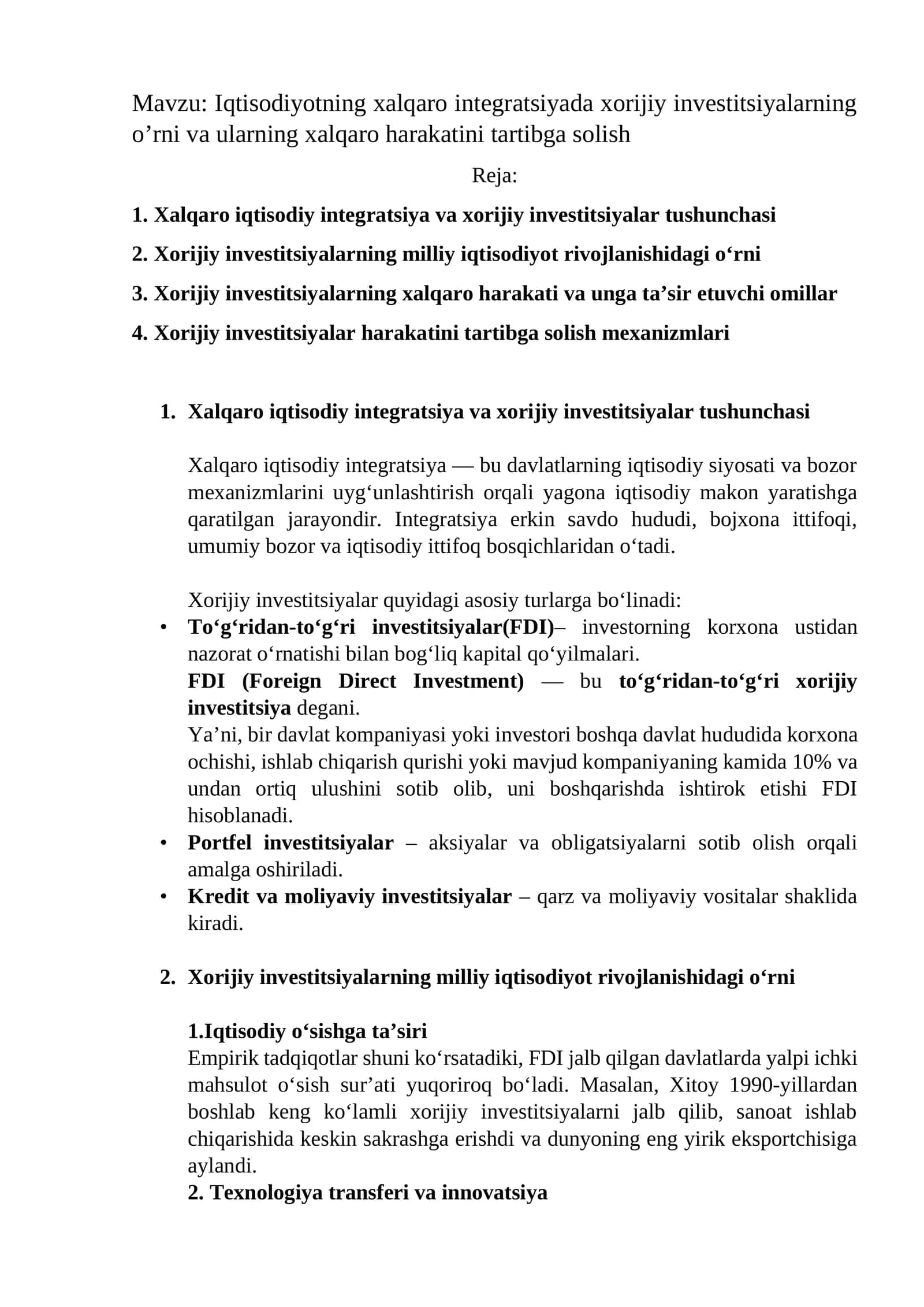 Xalqaro iqtisodiy integratsiya va xorijiy investitsiyalar tushunchasi 1