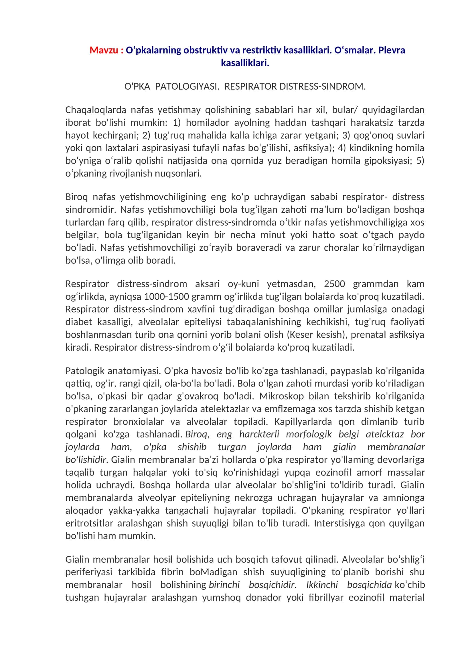 O‘pkalarning obstruktiv va restriktiv kasalliklari. O‘smalar. Plevra kasalliklari 1