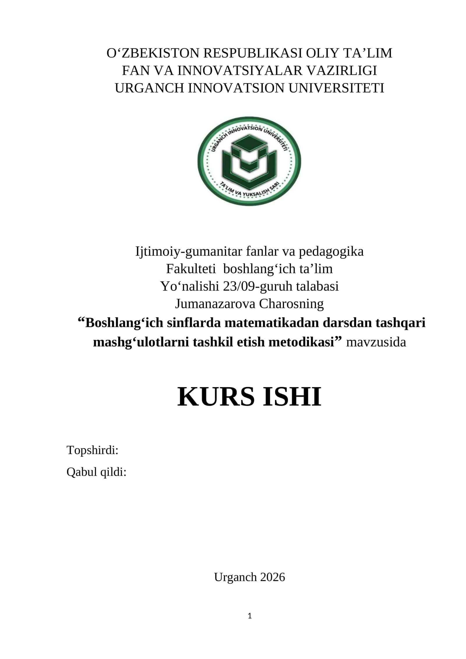 Boshlang‘ich sinflarda matematikadan darsdan tashqari mashg‘ulotlarni tashkil etish metodikasi 1