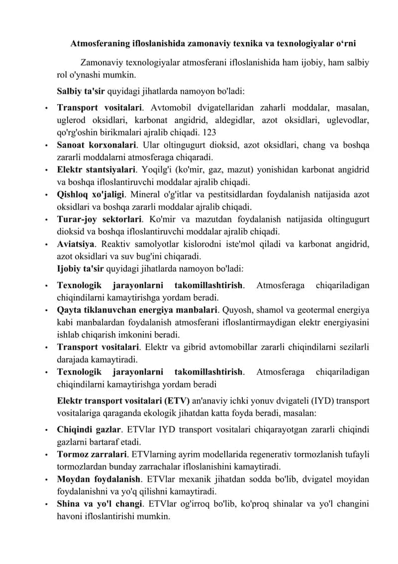 Atmosferaning ifloslanishida zamonaviy texnika va texnologiyalar o‘rni 1