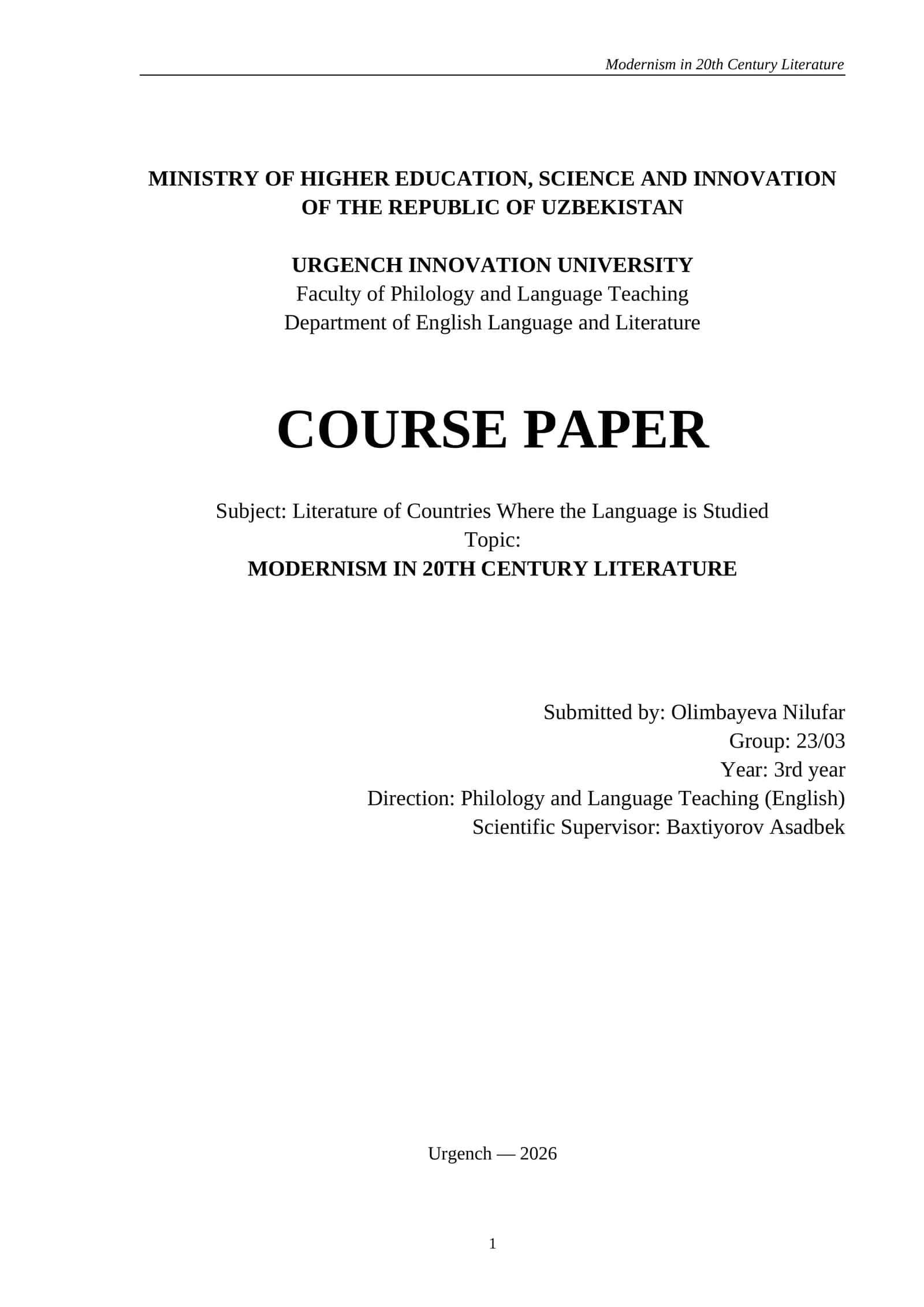 MODERNISM IN 20TH CENTURY LITERATURE 1