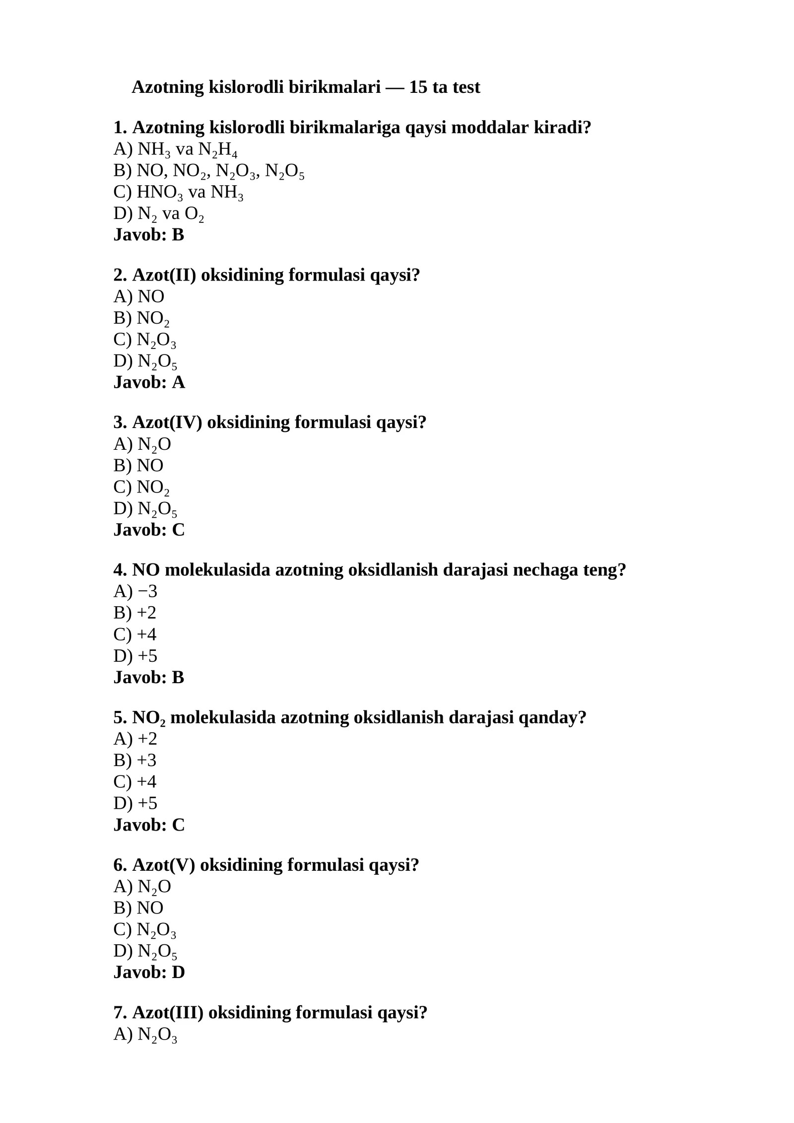 Azotning kislorodli birikmalari testlar 1